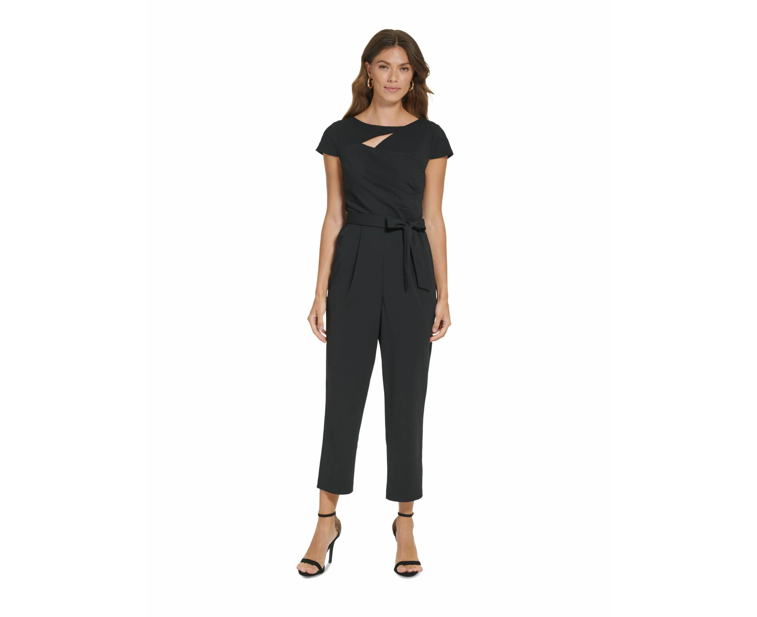 DKNY Womens Black Cut Out Zippered Tie-belt Pleated Cap Sleeve Boat Neck Wear To Work Cropped Jumpsuit 8