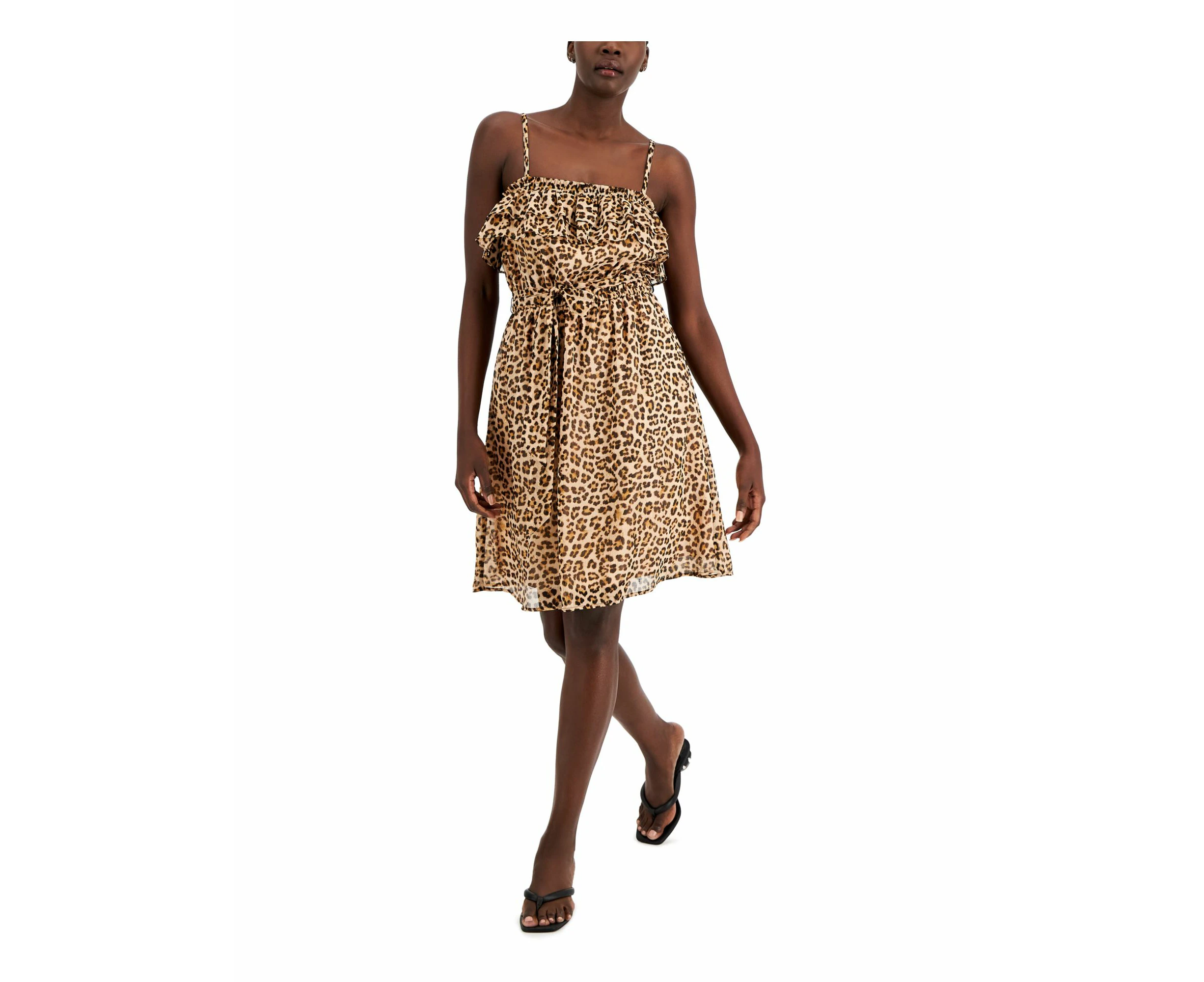 INC Womens Beige Metallic Smocked Ruffled Tie Belt Elastic Waist Animal Print Spaghetti Strap Square Neck Above The Knee Cocktail Fit + Flare Dress XS