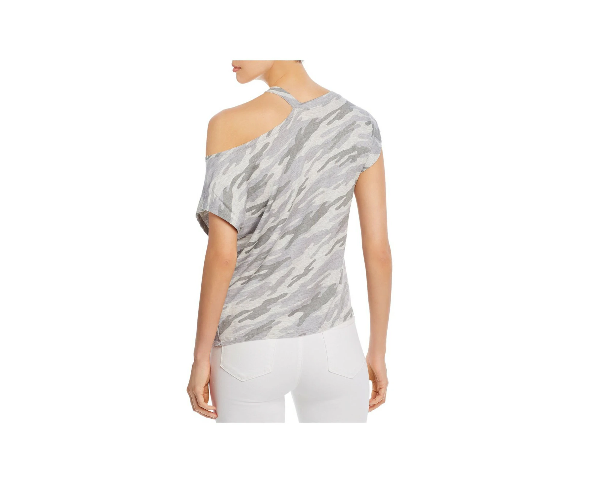 ELAN Womens Gray Stretch Cut Out Camouflage Cap Sleeve Crew Neck Top S