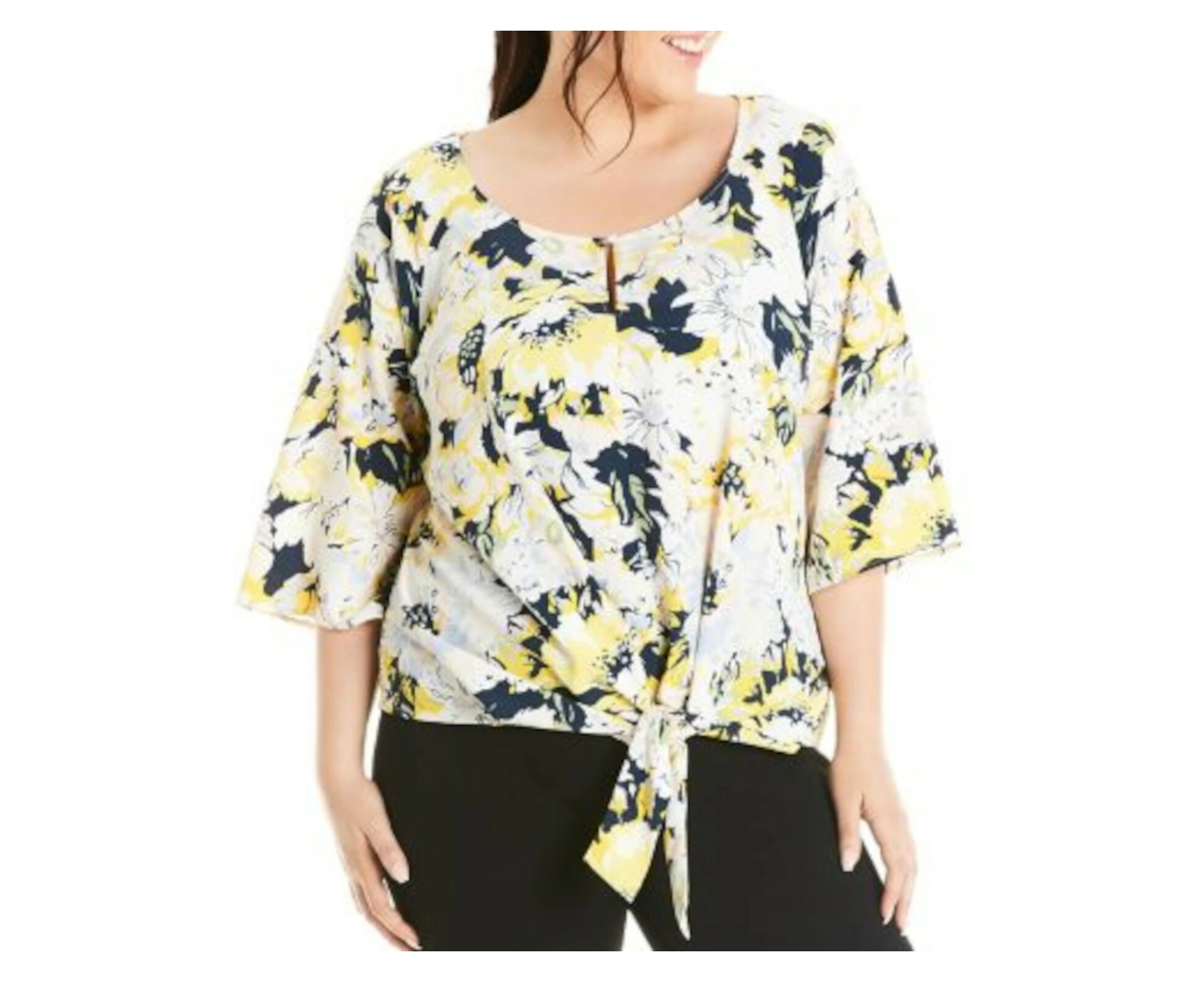 ESTELLE Womens Yellow Floral Elbow Sleeve Keyhole Blouse Plus 3X