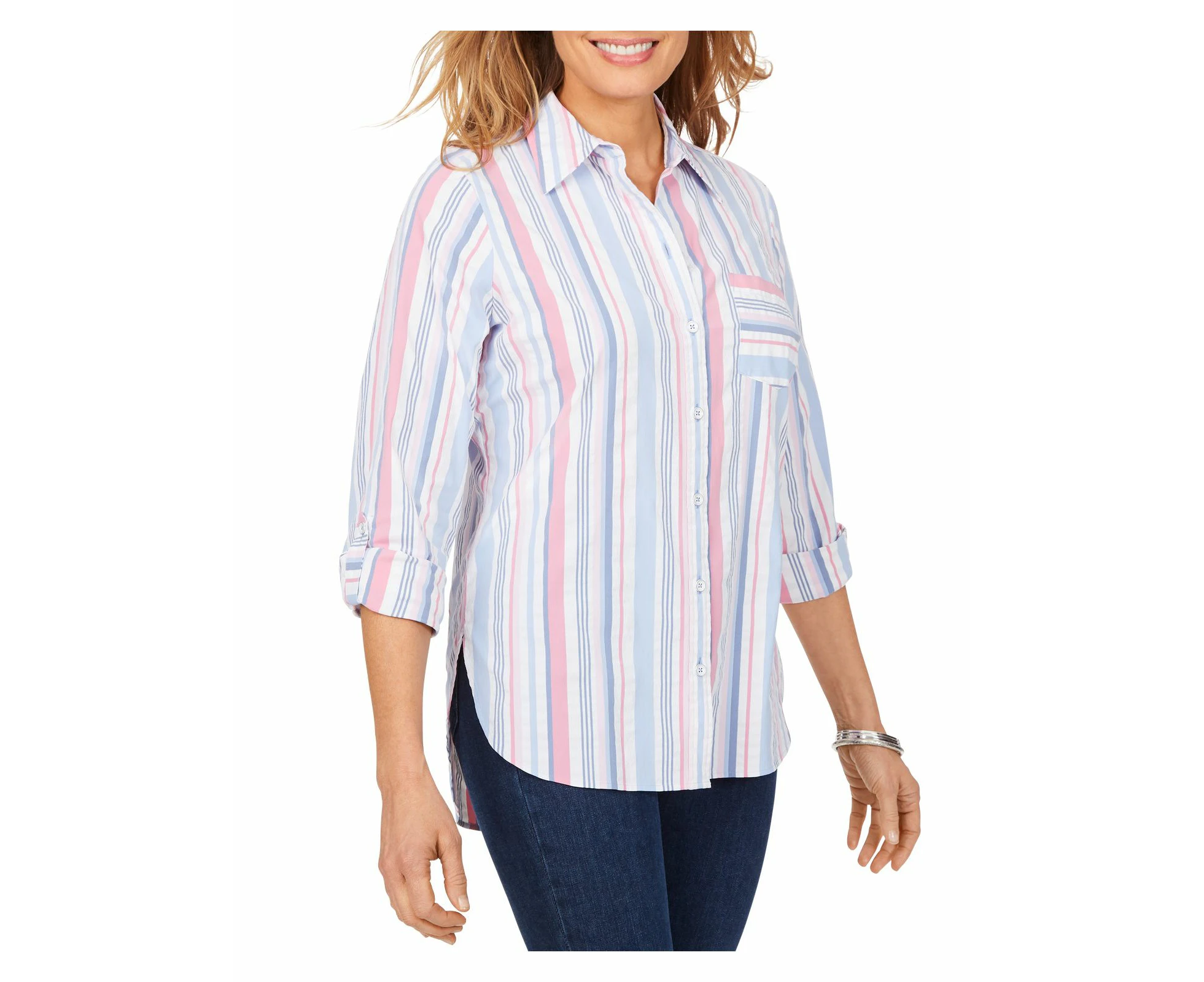 FOXCROFT Womens Stretch Pocketed Moisture Wicking Upf 50 Sun Protection Seersucker Roll-tab Sleeve Collared Tunic Top