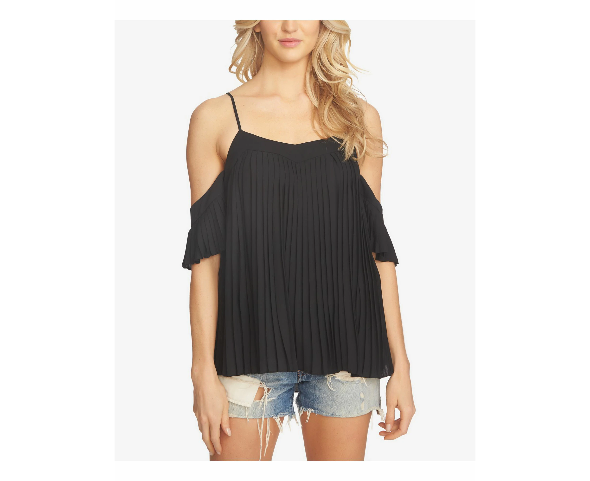 1. STATE Womens Black Cold Shoulder Spaghetti Strap Scoop Neck Top Size: XS