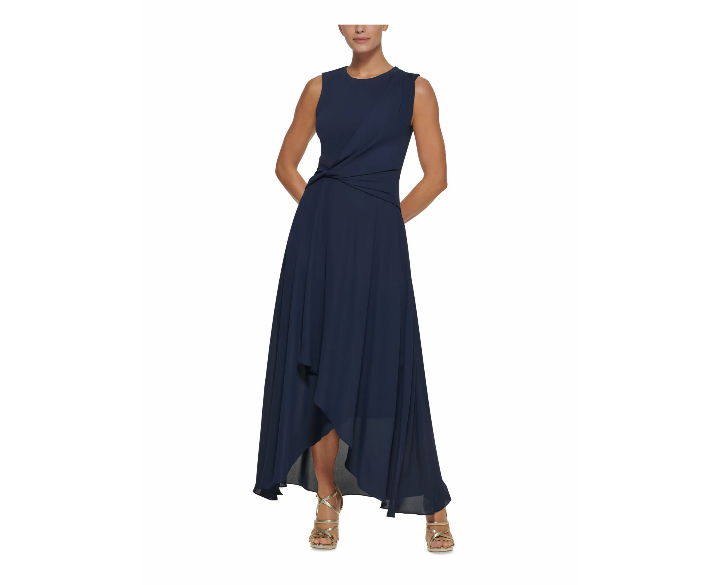 DKNY Womens Navy Stretch Twist Front Zippered Tulip Hem Sleeveless Jewel Neck Full-Length Formal Gown Dress 2