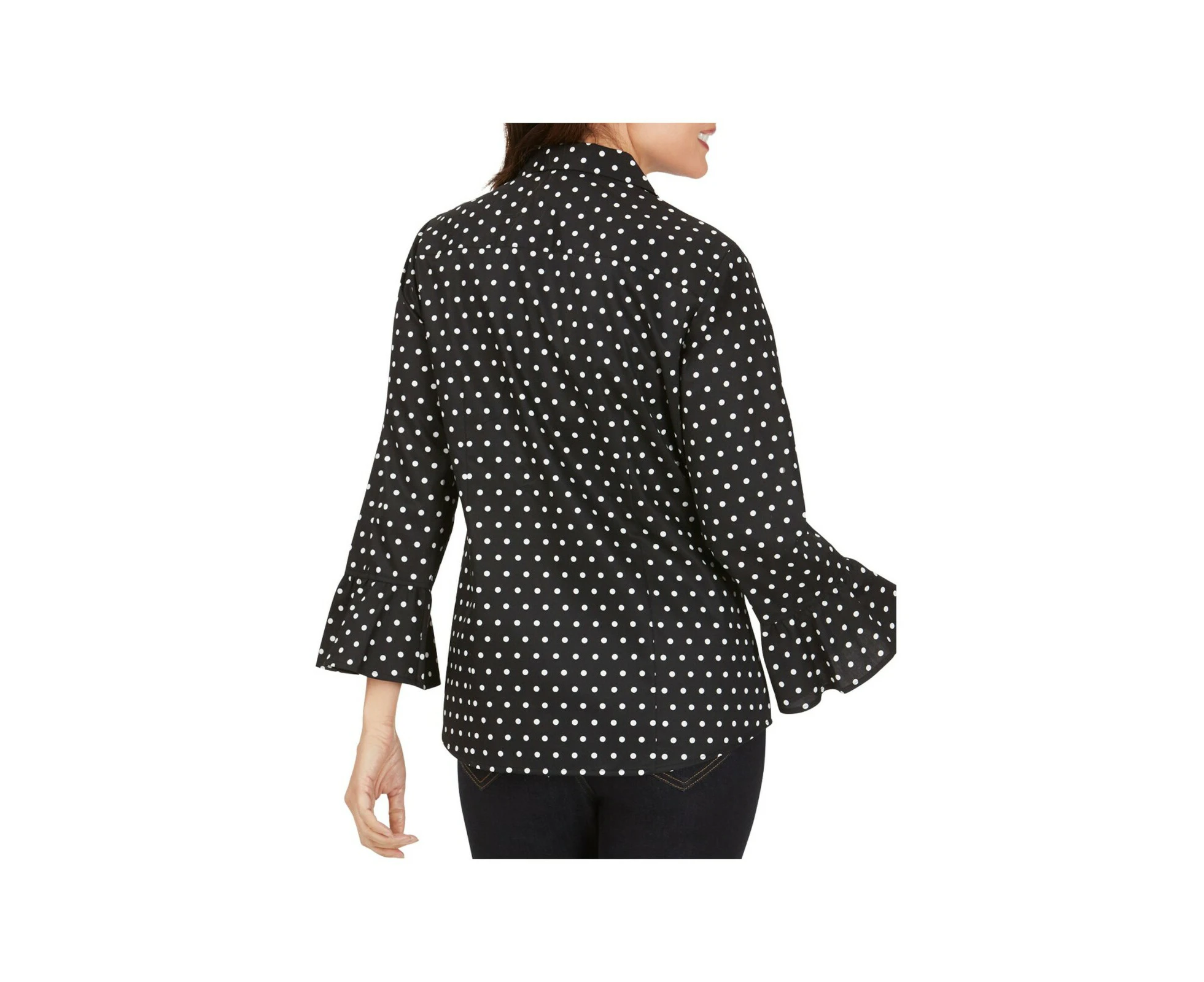 FOXCROFT Womens Black Cotton Ruffled Curved Hem Polka Dot Bell Sleeve Collared Wear To Work Blouse 2