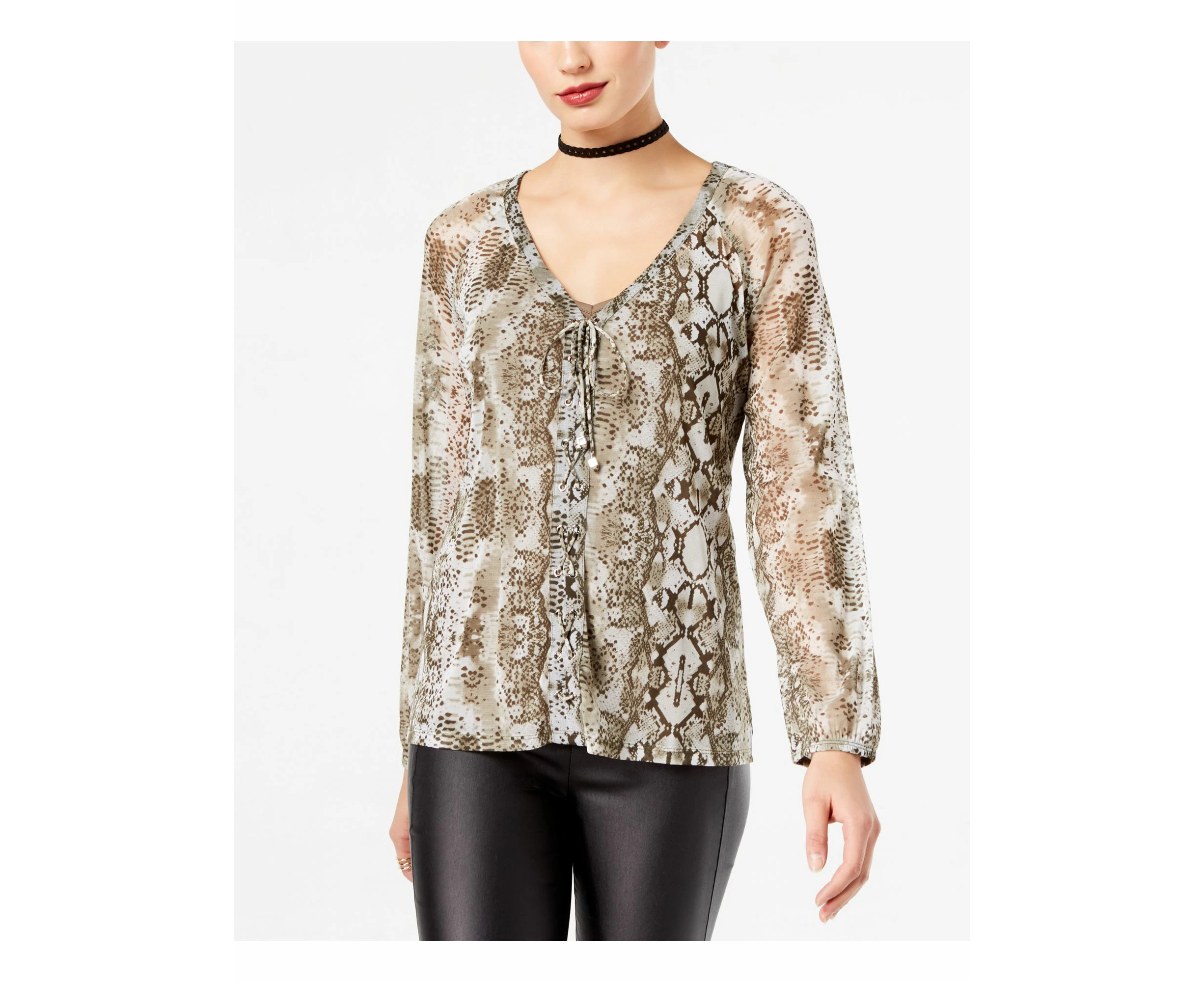 INC Womens Green Sheer Animal Print Long Sleeve V Neck Top S