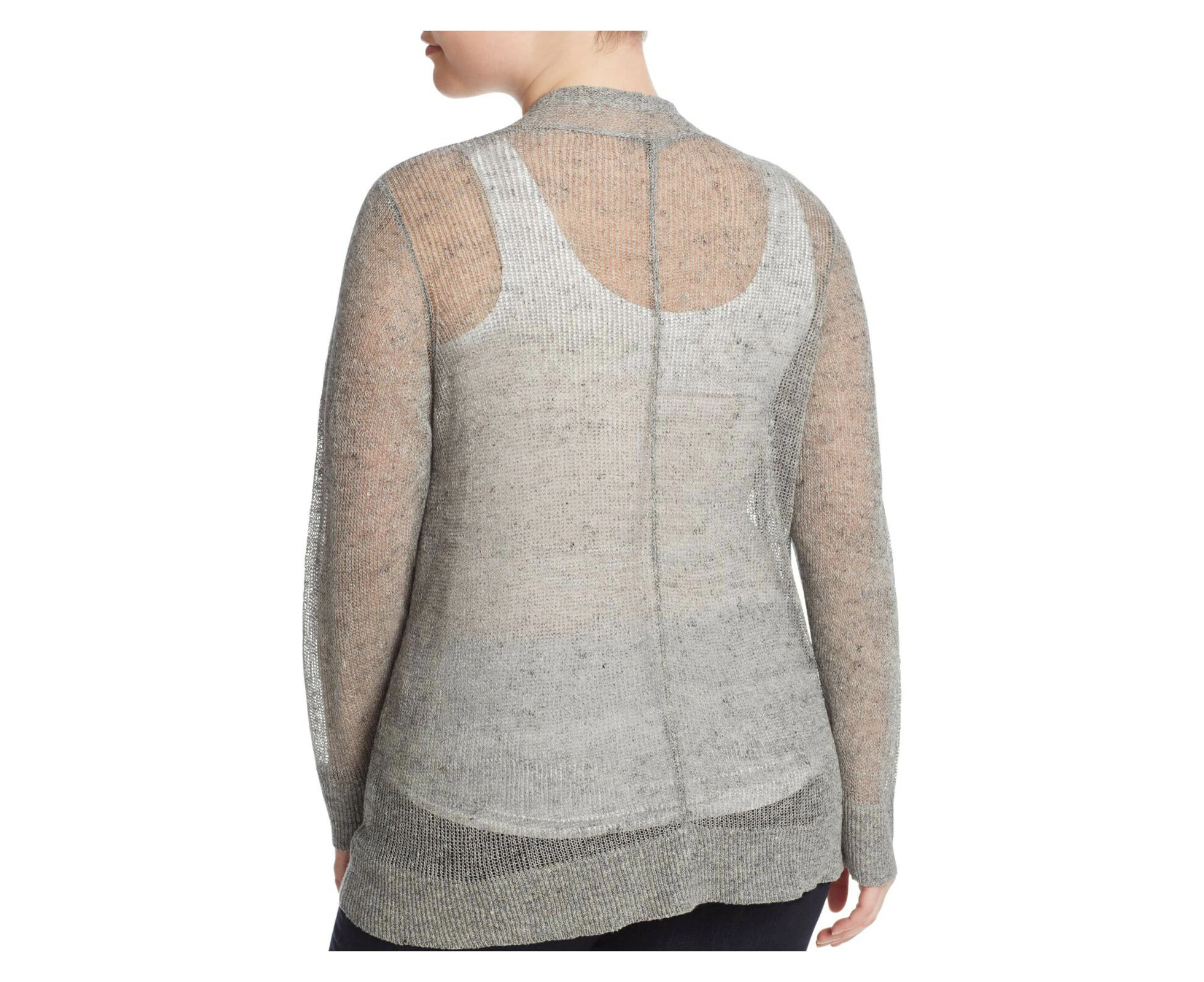 EILEEN FISHER Womens Gray Sheer Ribbed Heather Long Sleeve Open Front Cardigan Plus 2X