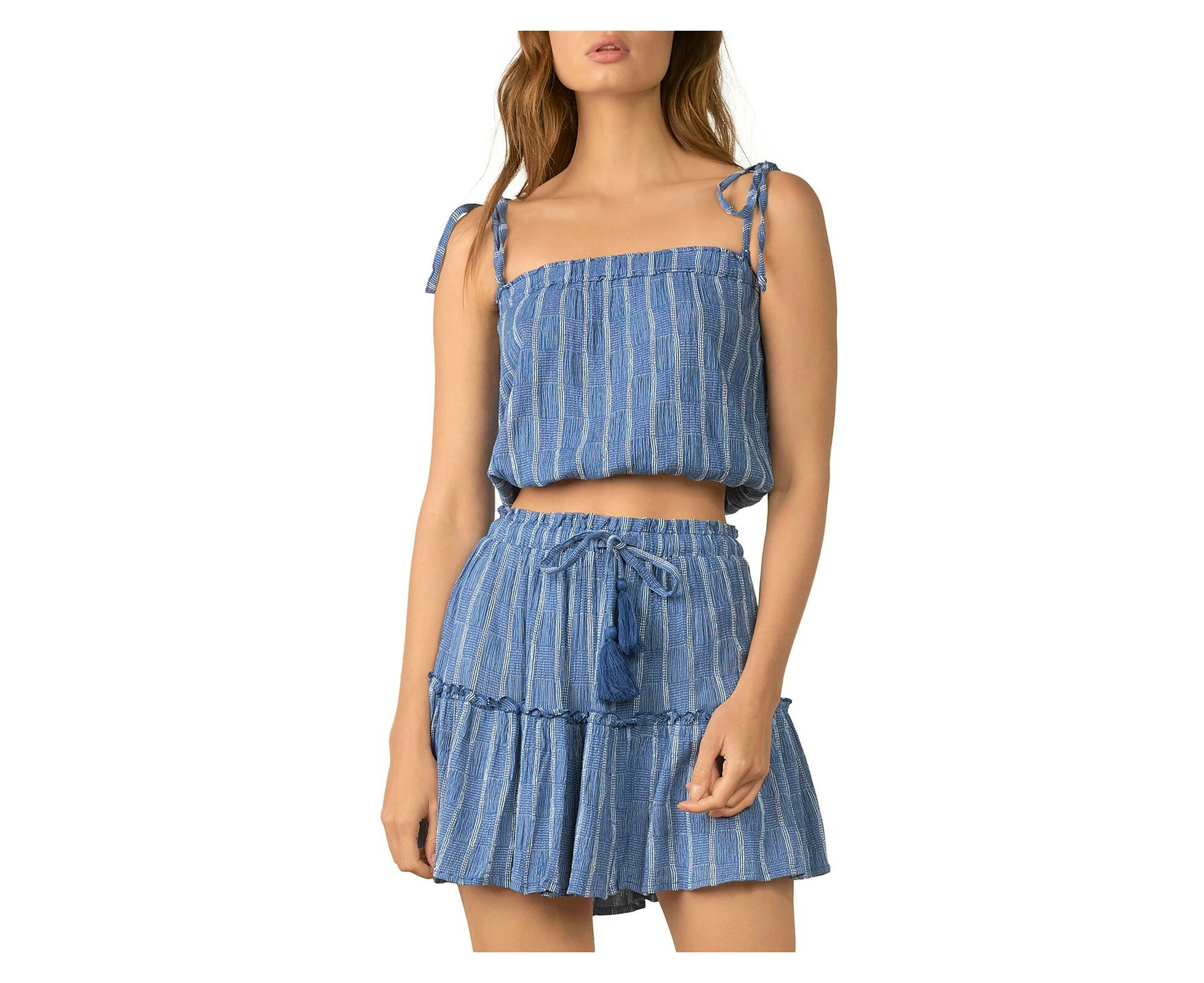 ELAN Womens Blue Sheer Tie Unlined Pullover Elasticized Striped Spaghetti Strap Square Neck Crop Top S