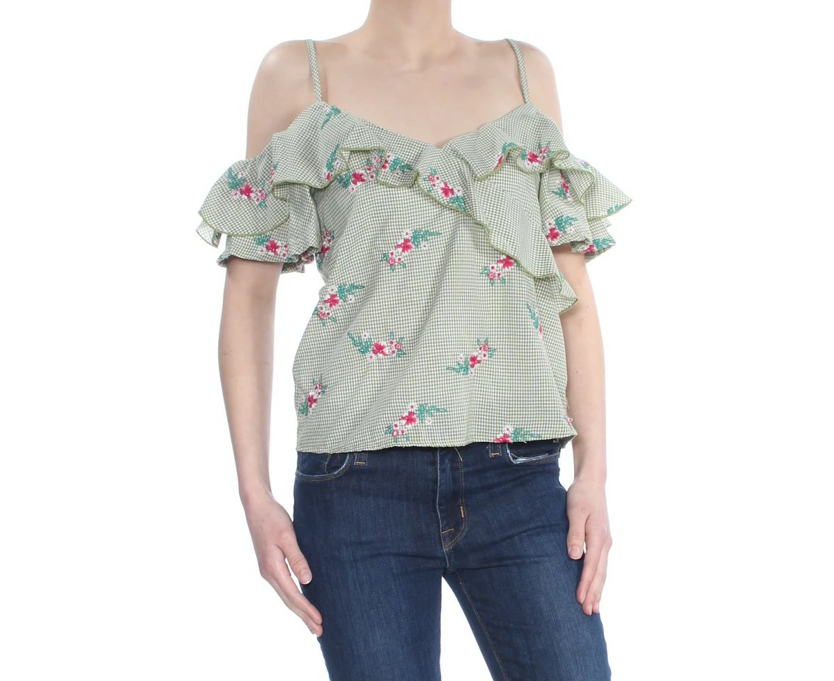 GYPSIES & MOONDUST Womens Green Embroidered Check Off Shoulder Top XS