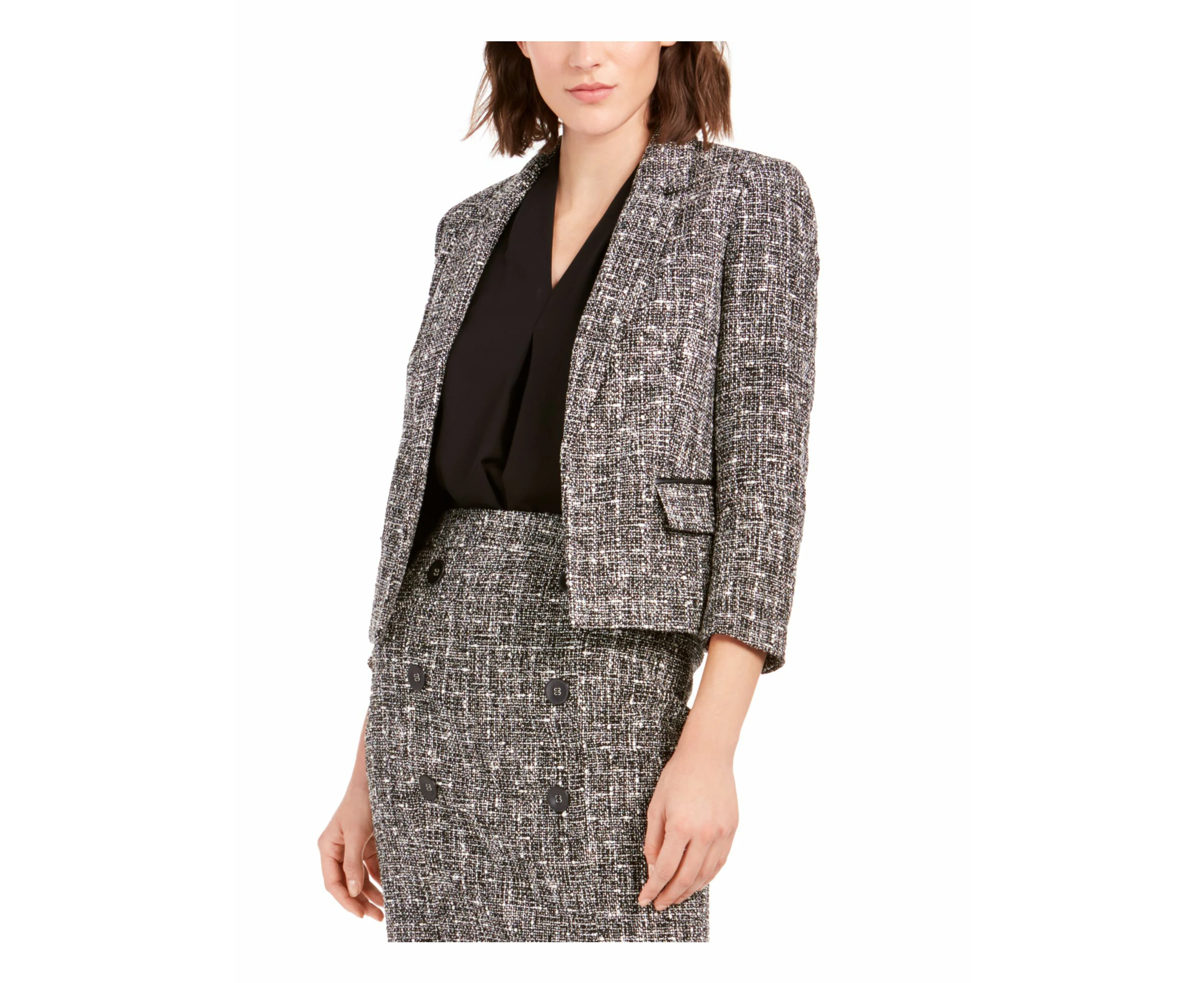 BAR III Womens Black Pocketed Open Front Tweed Wear To Work Suit Jacket 2