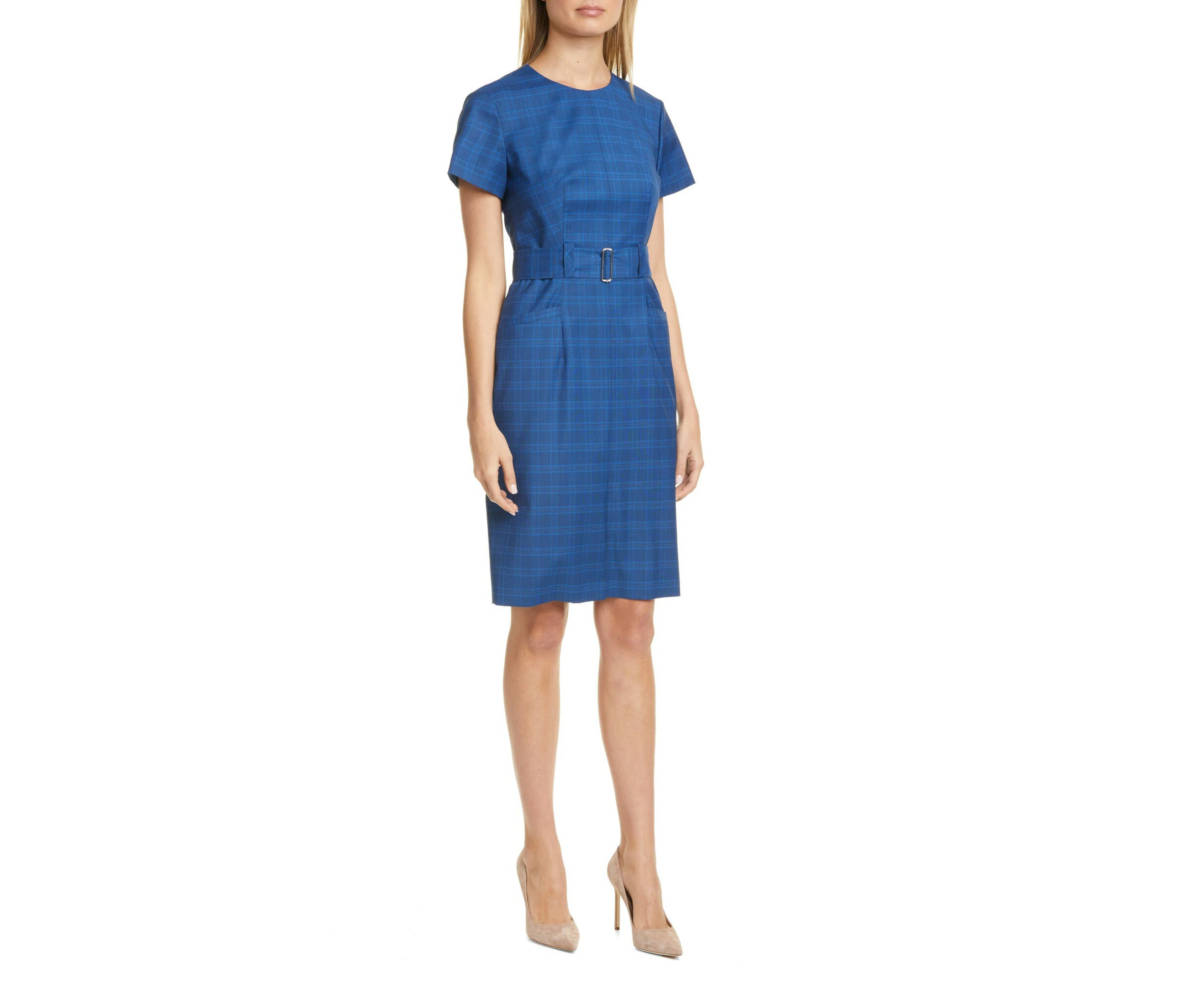 BOSS Womens Blue Zippered Belted Plaid Short Sleeve Round Neck Above The Knee Wear To Work Sheath Dress 2