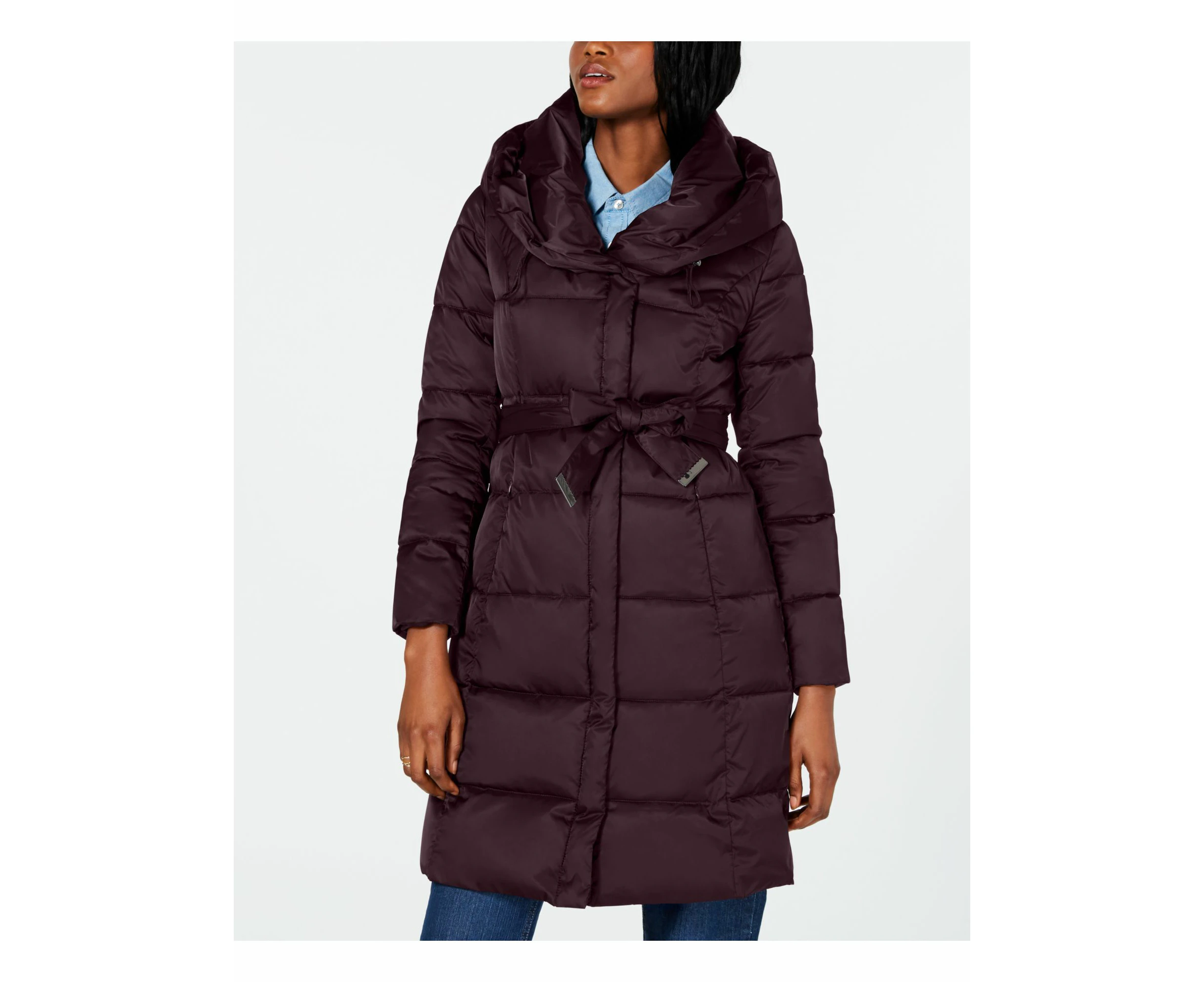 TAHARI Womens Maroon Belted Hooded Winter Jacket Coat L