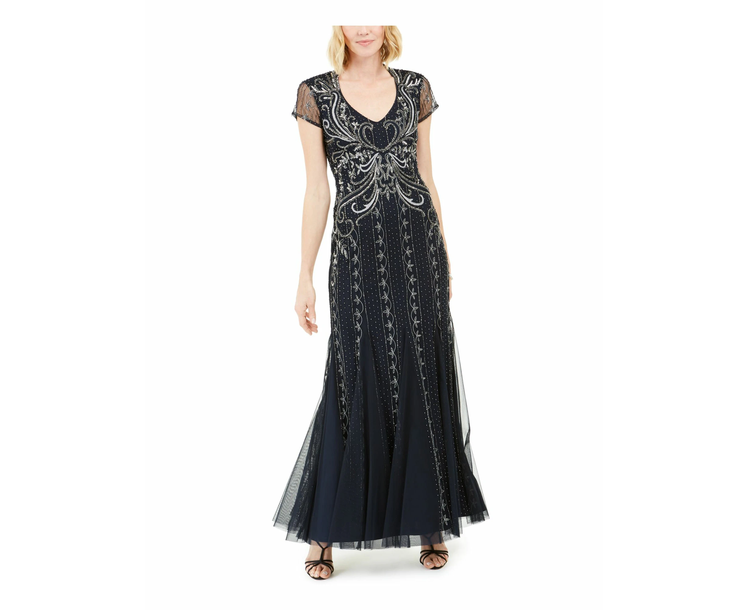 ADRIANNA PAPELL Womens Beaded Cap Sleeve V Neck Full-Length Evening Fit + Flare Dress