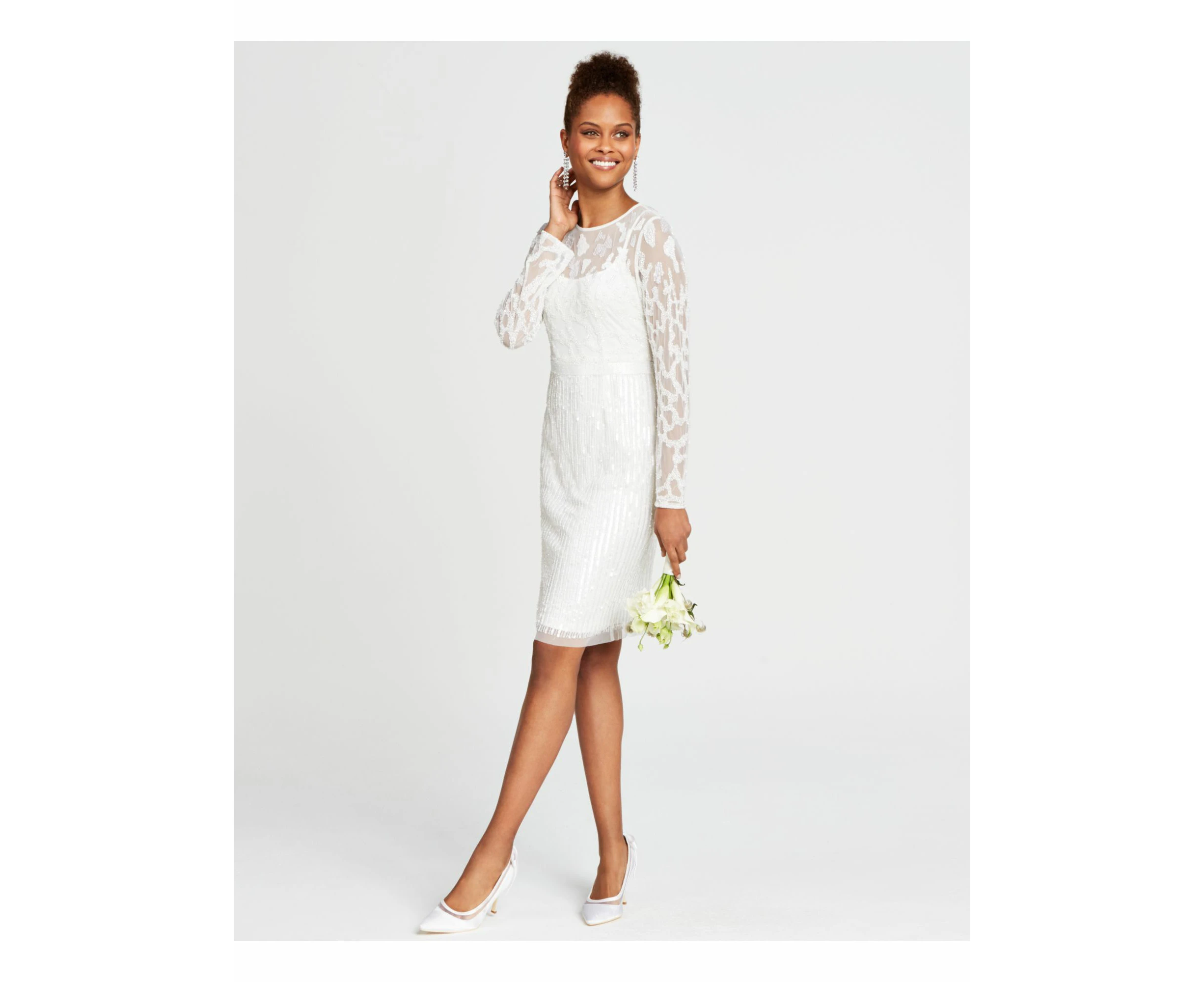 ADRIANNA PAPELL Womens White Beaded Sequined Zippered Printed Long Sleeve Illusion Neckline Above The Knee Formal Sheath Dress 8