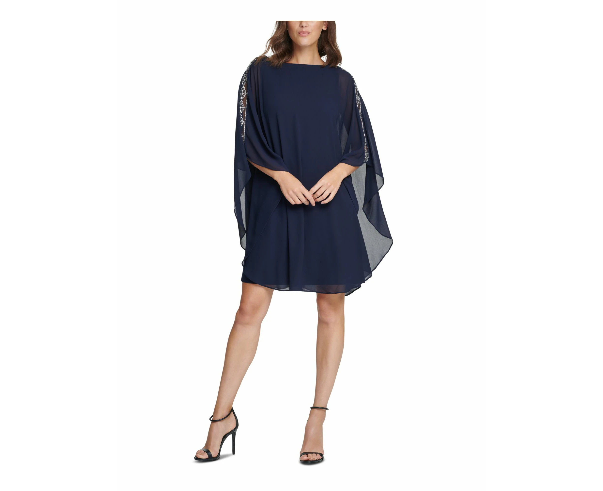 VINCE CAMUTO Womens Zippered Embellished Cape Overlay Flutter Sleeve Round Neck Above The Knee Party Sheath Dress