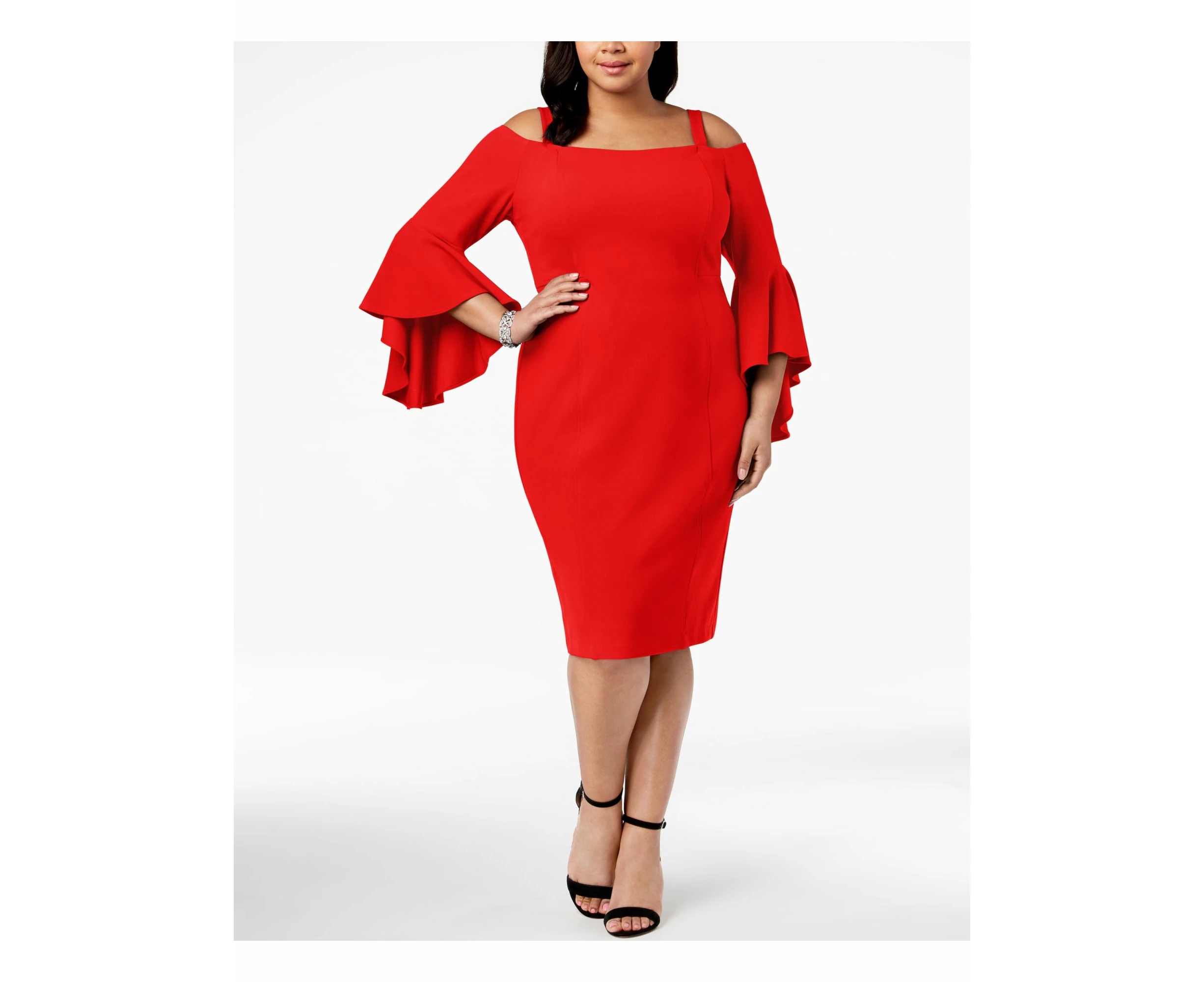 R&M RICHARDS Womens Red Stretch Cold Shoulder Zippered Removable Strap Bell Sleeve Square Neck Knee Length Cocktail Sheath Dress Plus 16W