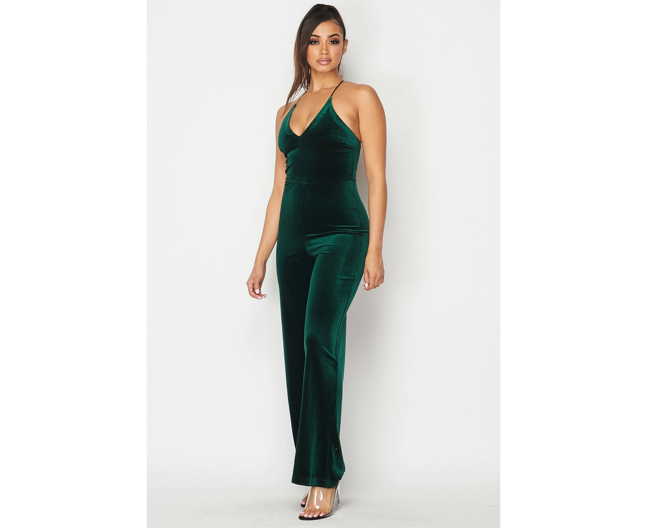 TEEZE ME Womens Spaghetti Strap V Neck Wide Leg Jumpsuit