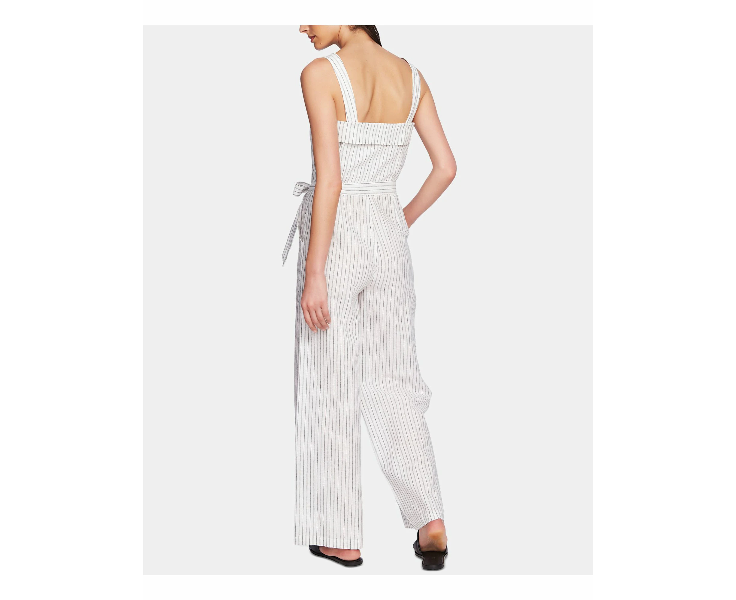 1. STATE Womens White Pocketed Button-front Striped Square Neck Wide Leg Jumpsuit 8