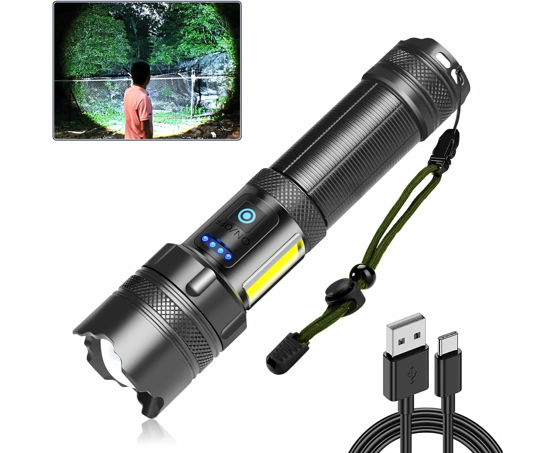 Rechargeable Torch LED Flashlight, 5000 Lumens, Brightest Torch Light 7 Modes, Zoomable, Waterproof, Flashlights for Camping, Dog Walking, Emergencies