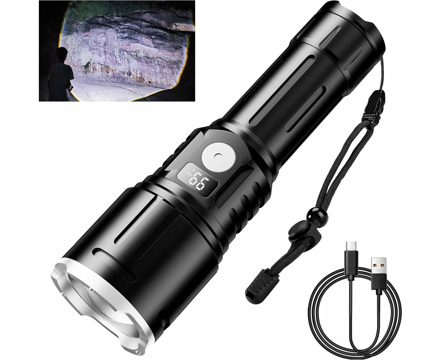 LED Torch Flashlight  USB Rechargeable, 6 Mode Zoom, with Memory Function, Waterproof, Suitable for Outdoor Camping, Hiking Emergency Applications