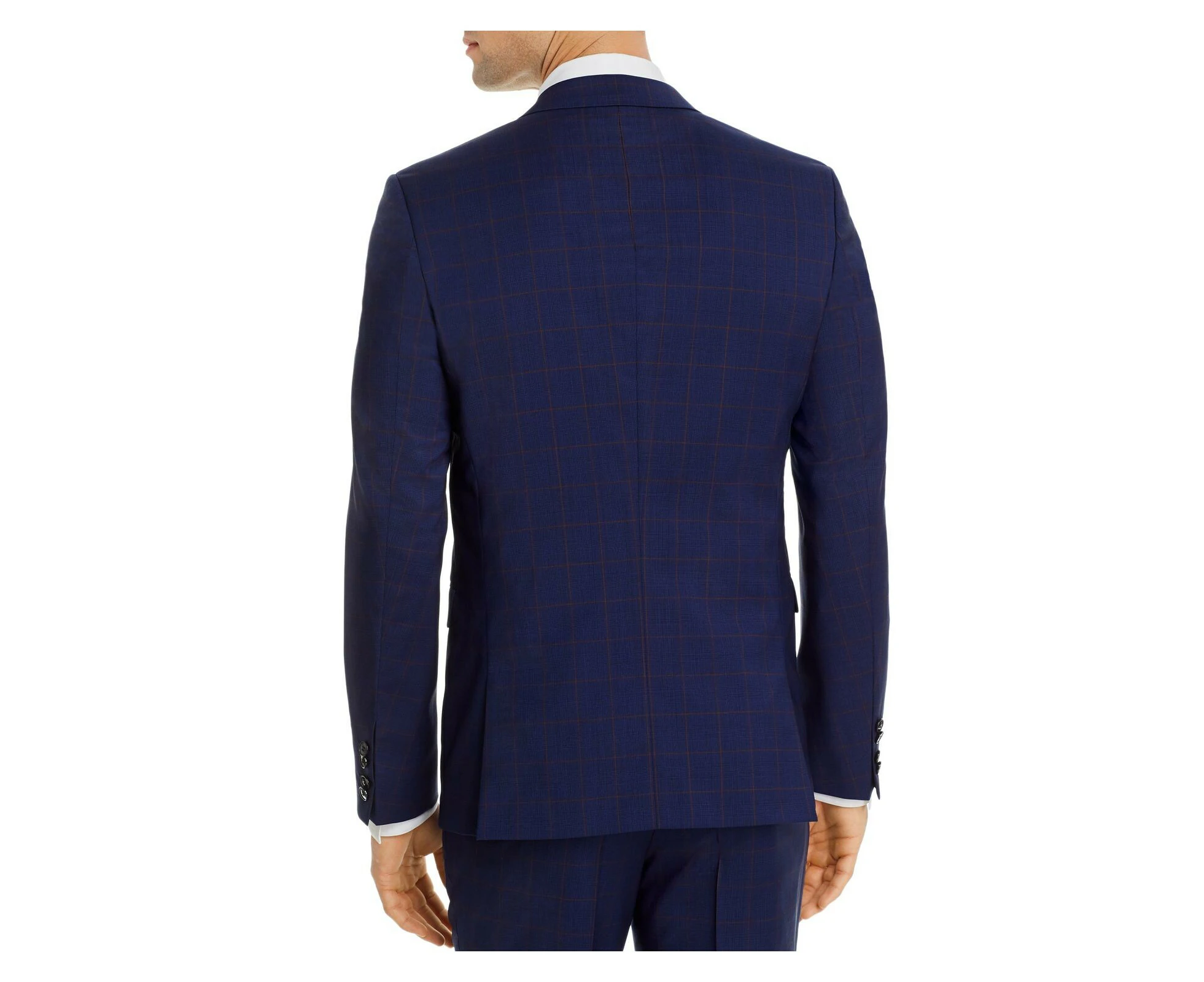 HUGO BOSS Mens Blue Single Breasted, Multi-Check Extra Slim Fit Wool Blend Suit Separate Blazer Jacket 46R