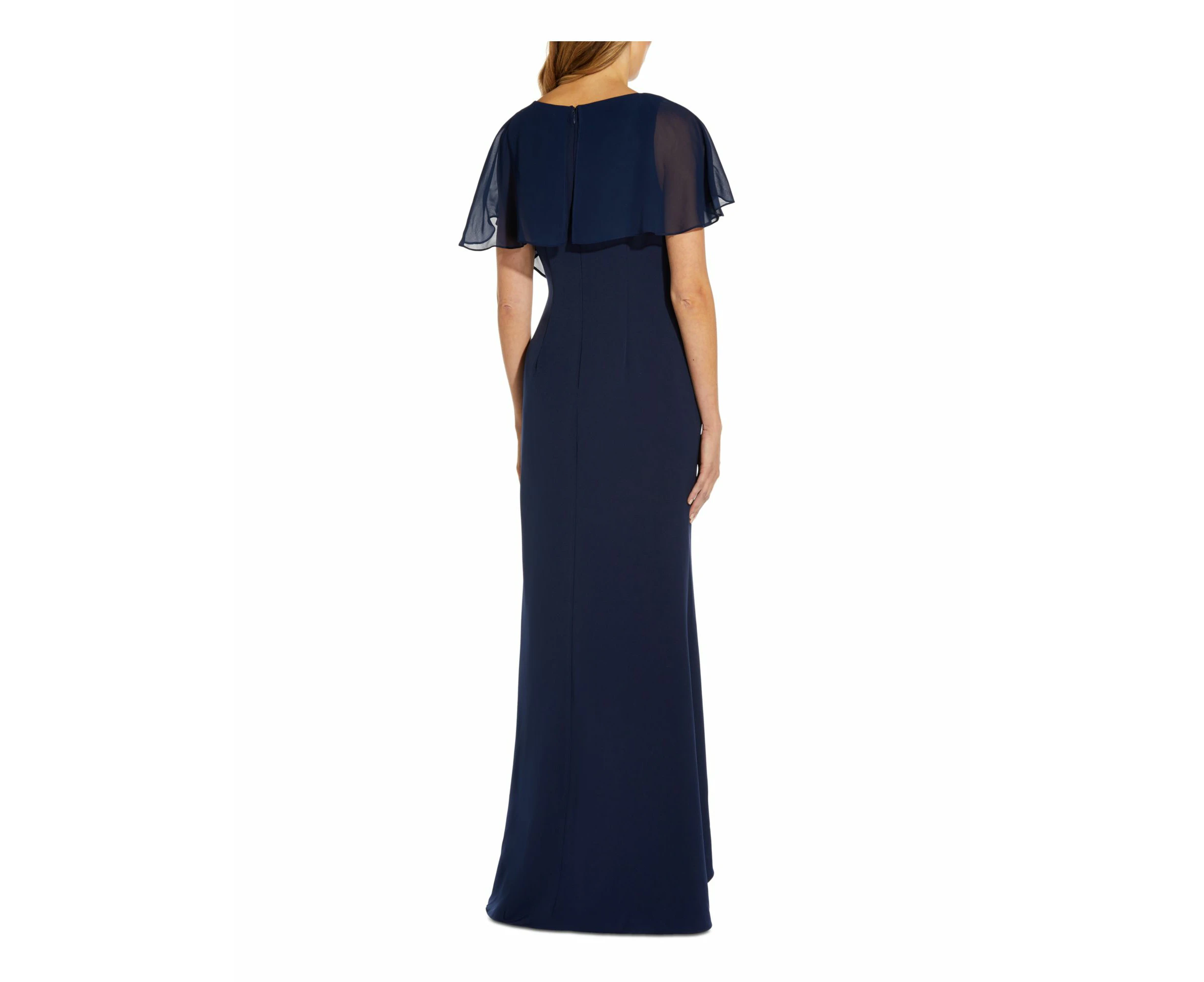 ADRIANNA PAPELL Womens Navy Ruffled Zippered Hi-lo Hem Lined Flutter Sleeve V Neck Full-Length Formal Gown Dress 4