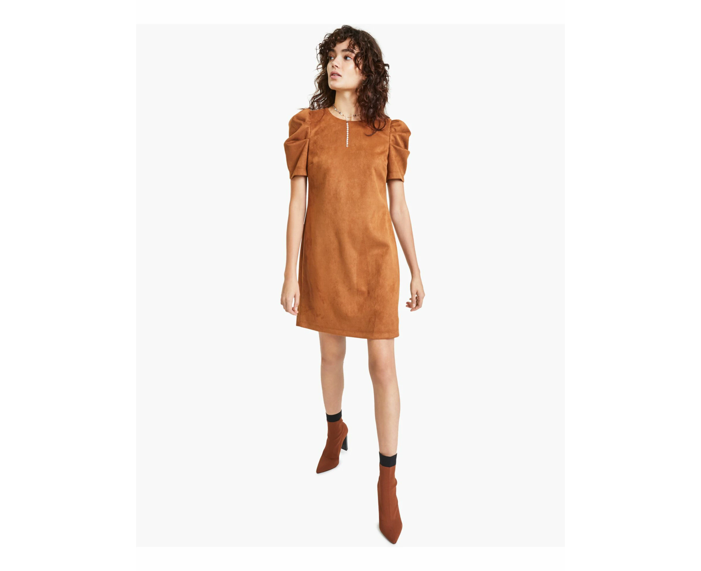 BAR III Womens Zippered Pouf Sleeve Round Neck Above The Knee Party Shift Dress