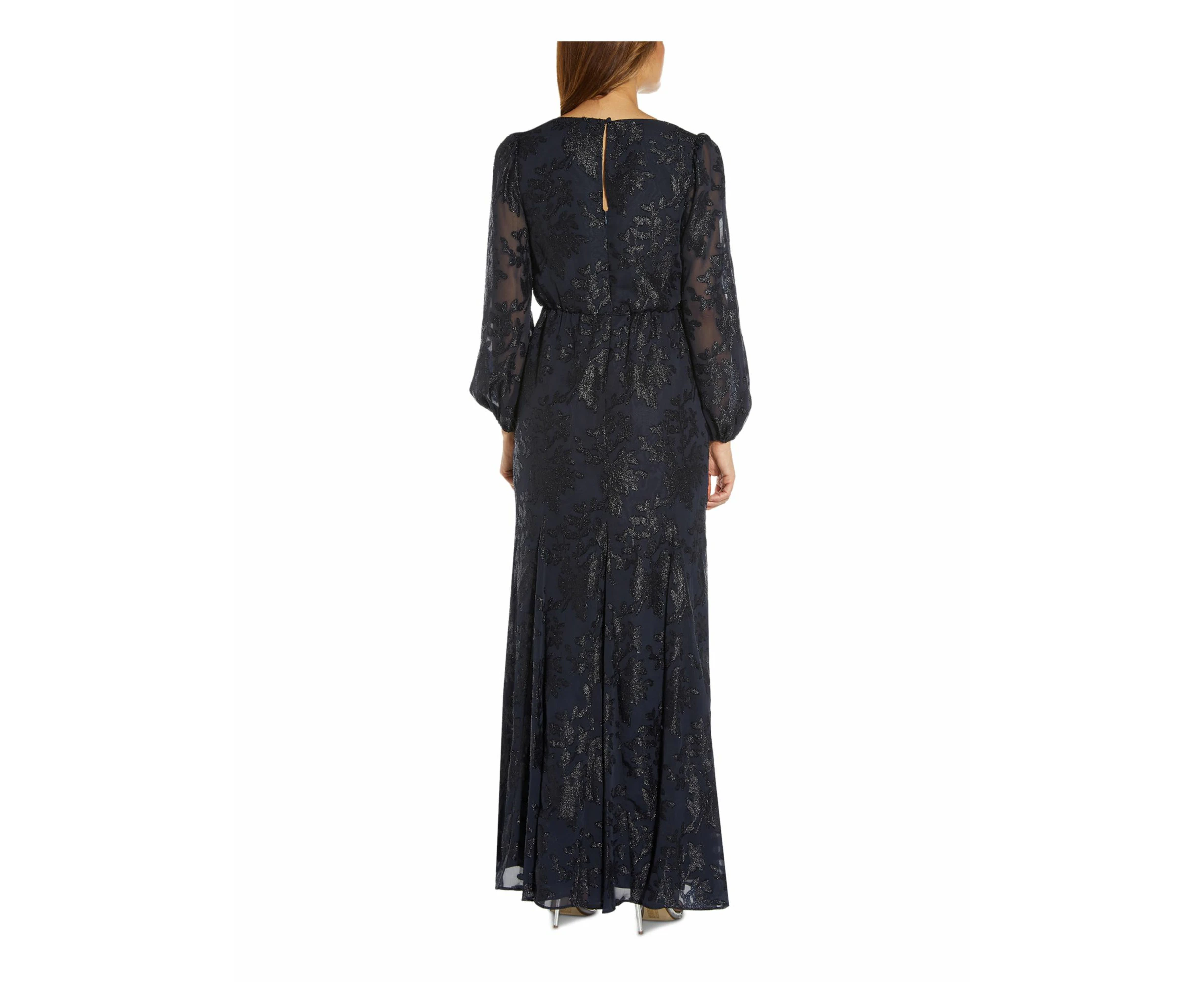 ADRIANNA PAPELL Womens Navy Metallic Zippered Keyhole Back Floral Long Sleeve V Neck Full-Length Formal Gown Dress 2