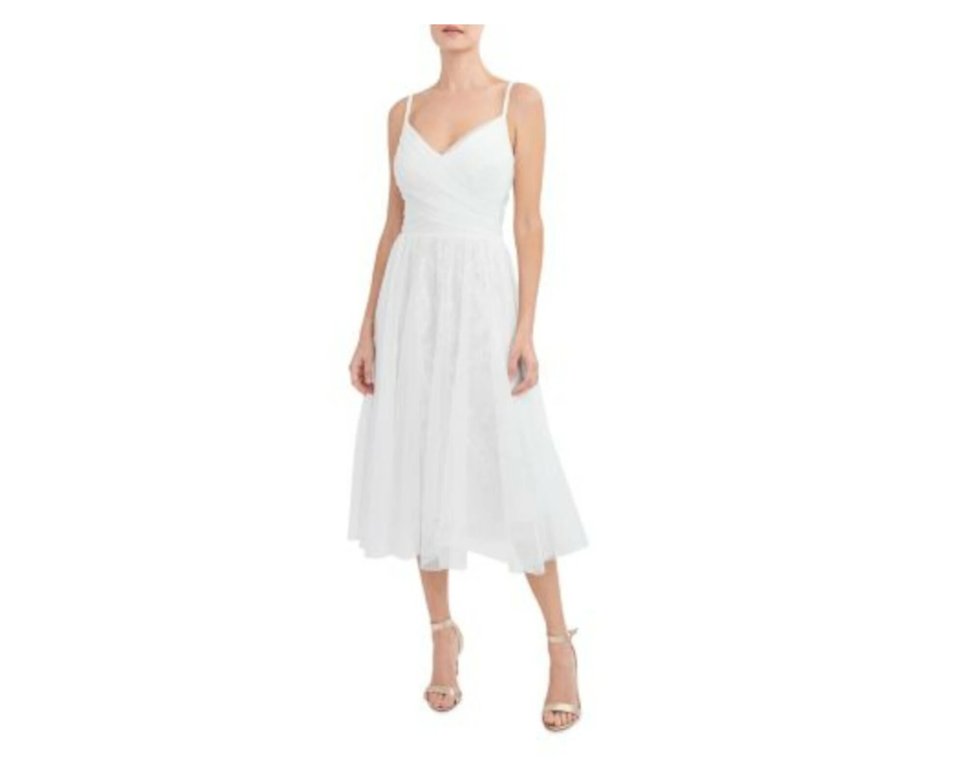 AQUA Womens White Pleated Zippered Tulle Overlay Lined Spaghetti Strap V Neck Midi Evening Fit + Flare Dress 0