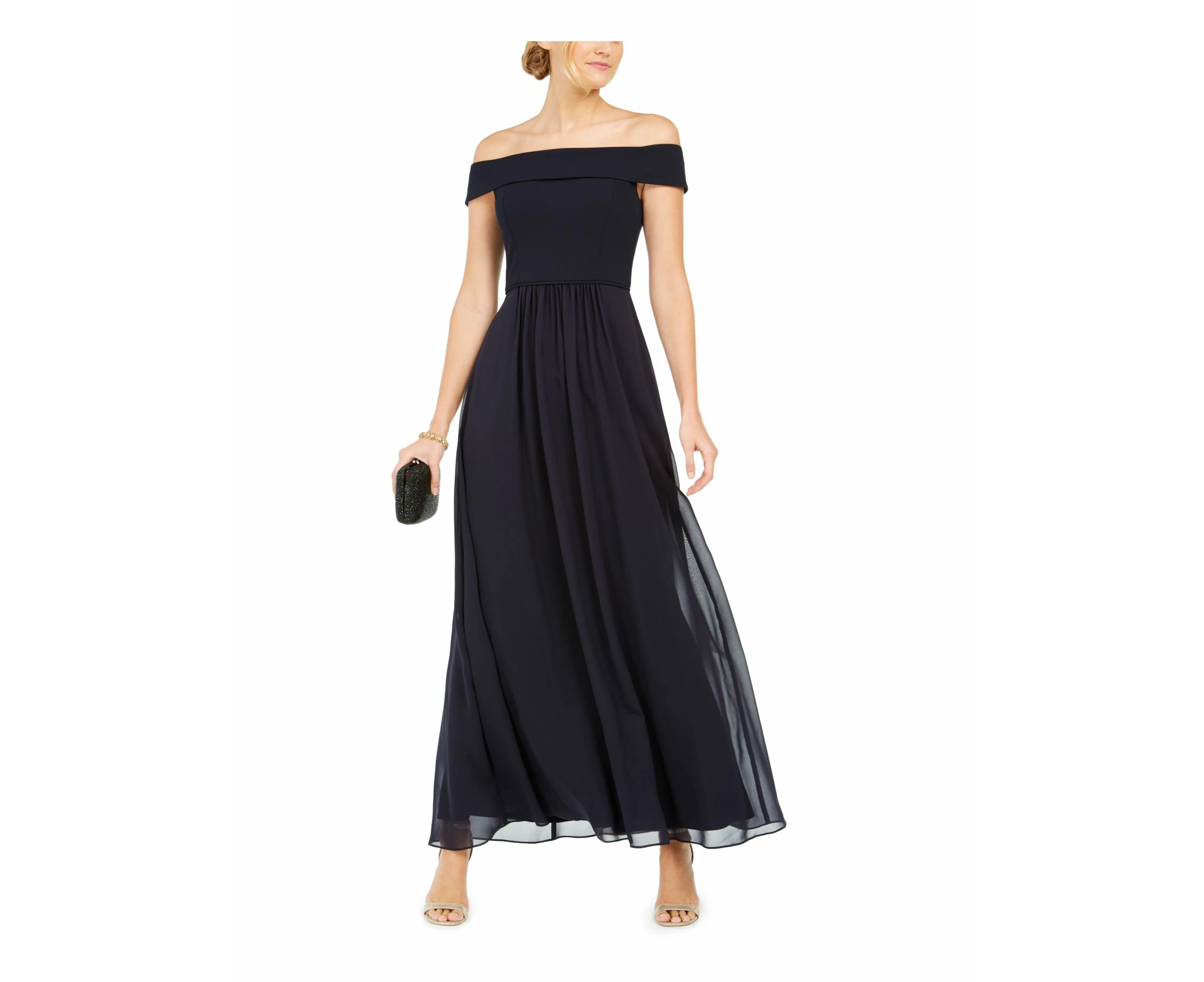 ADRIANNA PAPELL Womens Pleated Zippered Chiffon Short Sleeve Off Shoulder Maxi Evening Fit + Flare Dress