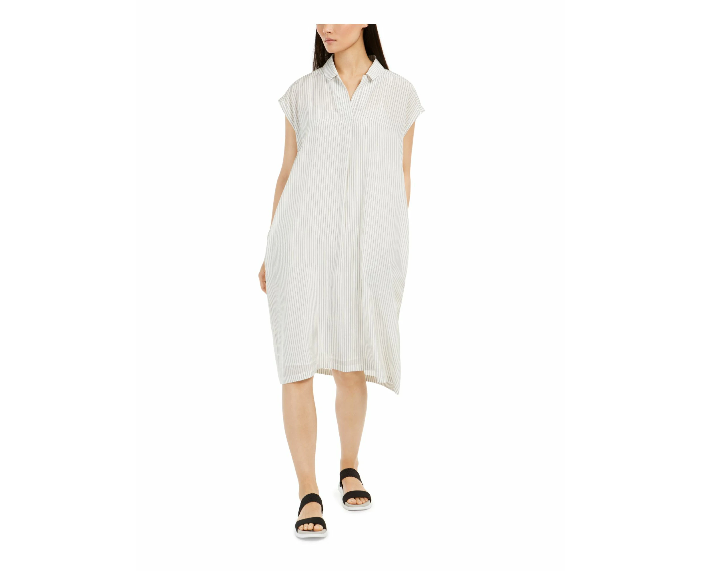 EILEEN FISHER Womens Ivory Pinstripe Cap Sleeve Collared Knee Length Shift Dress L