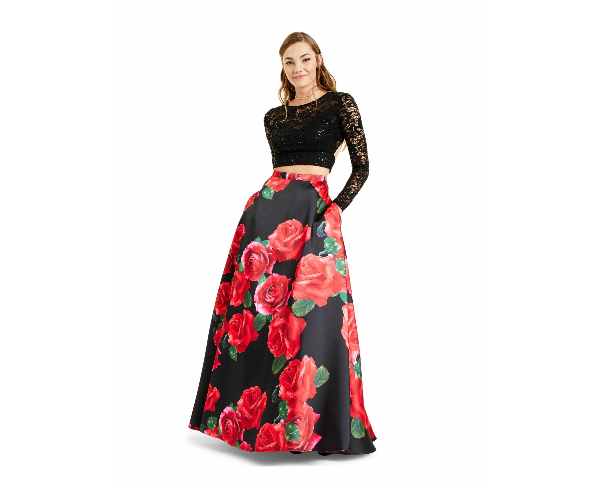 B DARLIN Womens Sequined Floral Long Sleeve Scoop Neck Full-Length Prom Fit + Flare Crop Top Dress