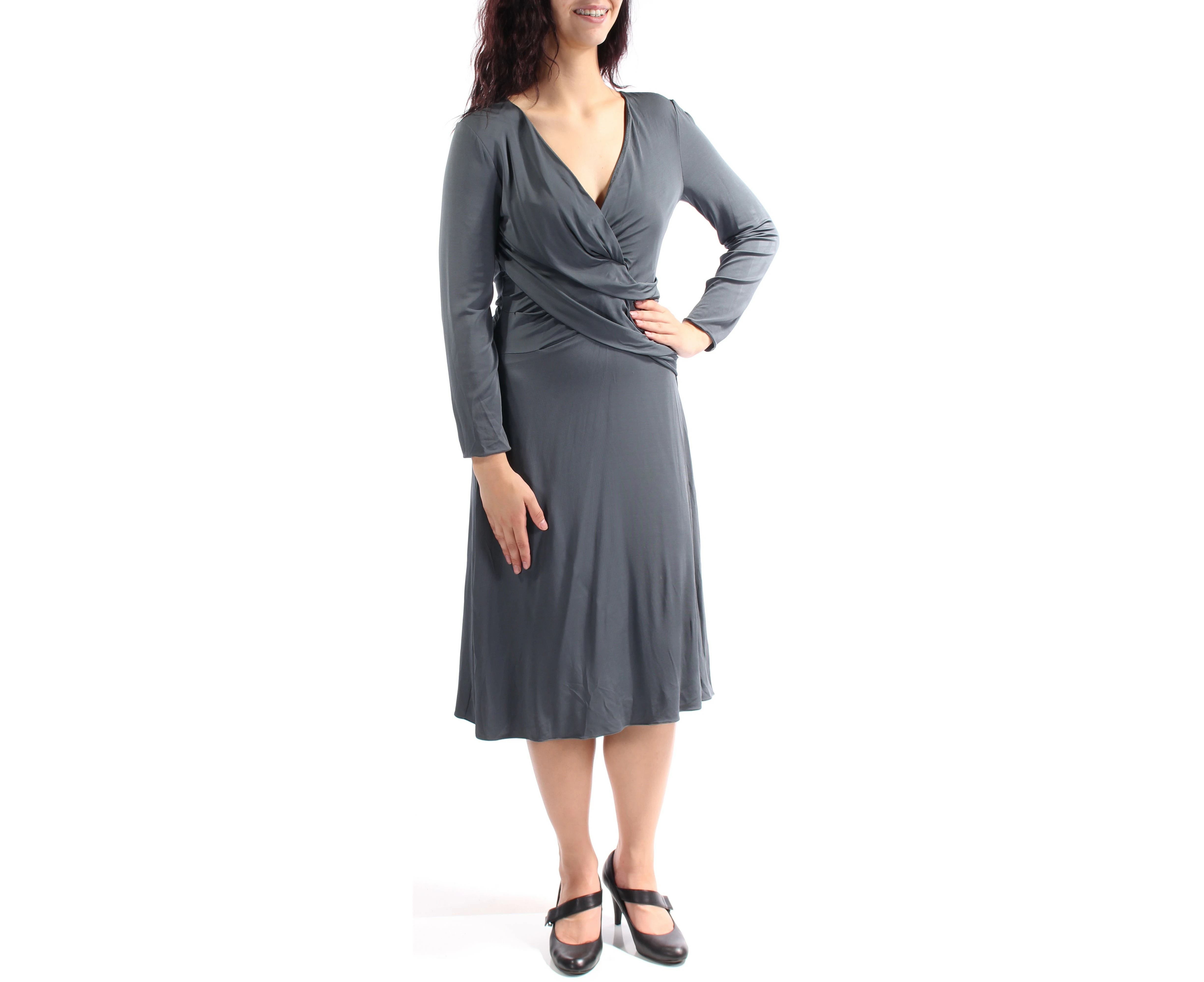 ARMANI Womens Gray Long Sleeve V Neck Midi Sheath Dress Size: 8