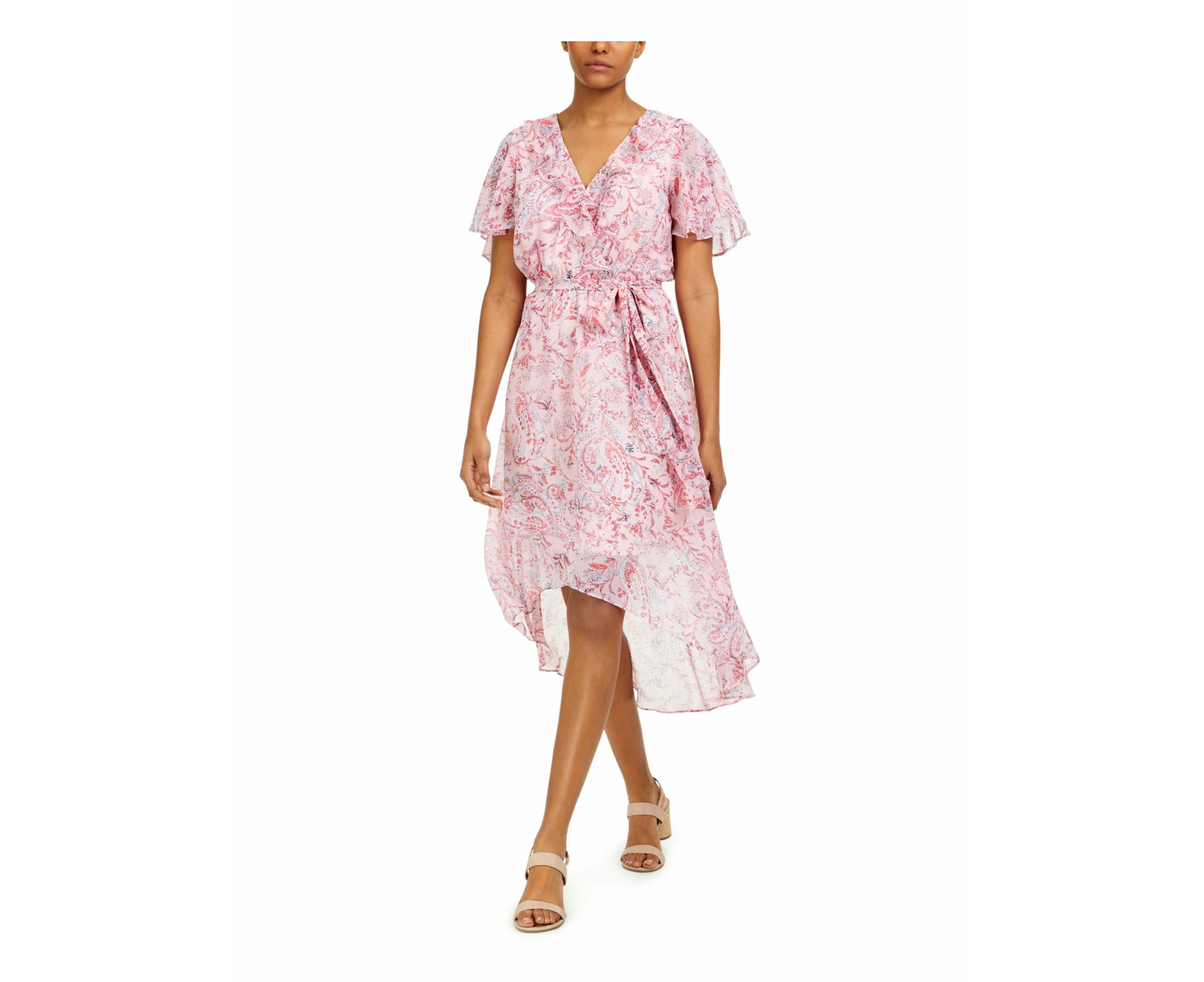 BAR III Womens Ruffled Belted Sleeves Short Sleeve V Neck Below The Knee Evening Fit + Flare Dress