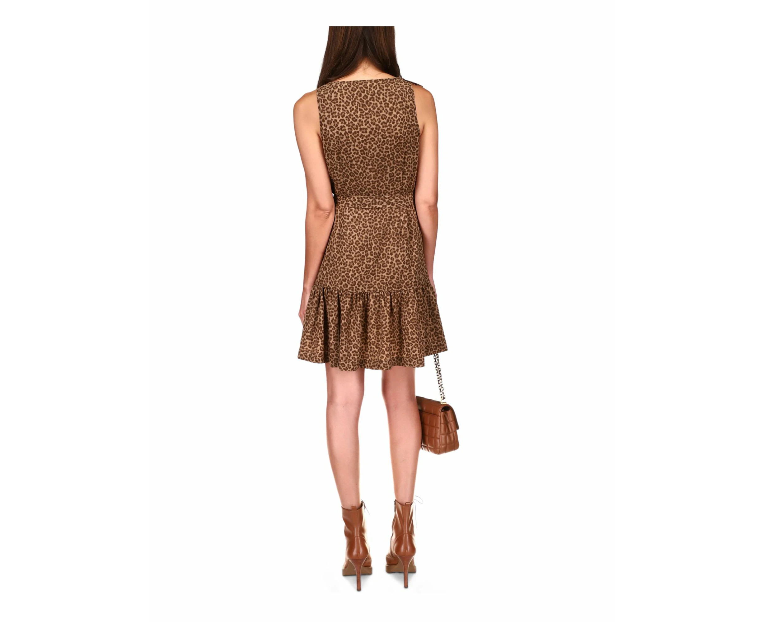 MICHAEL MICHAEL KORS Womens Brown Zippered Ruffled Sheer Unlined Tie Belt Animal Print Sleeveless V Neck Short Fit + Flare Dress 16