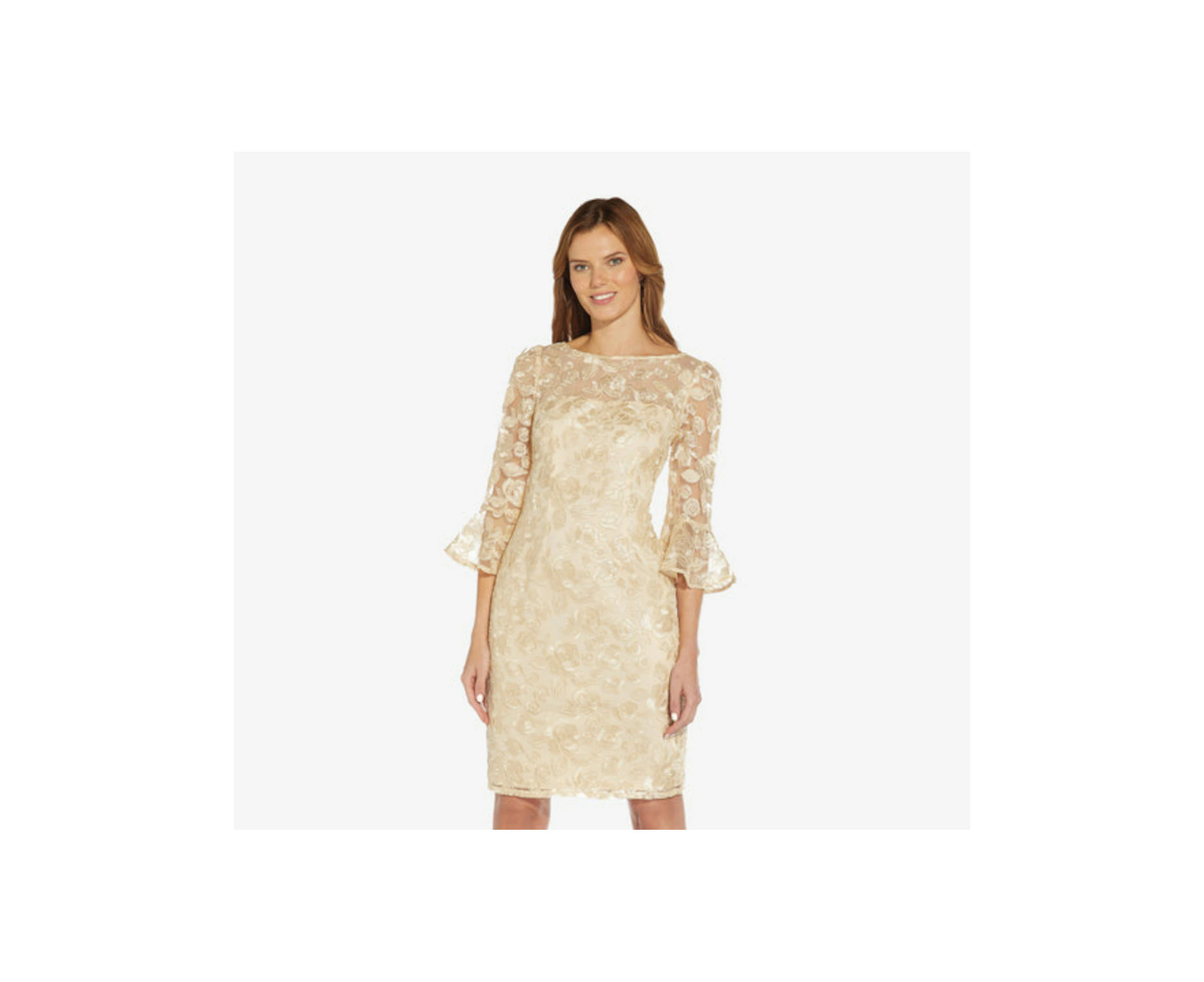 ADRIANNA PAPELL Womens Beige Lace Sheer Zippered Embroidered Bell Sleeve Boat Neck Above The Knee Cocktail Sheath Dress 2