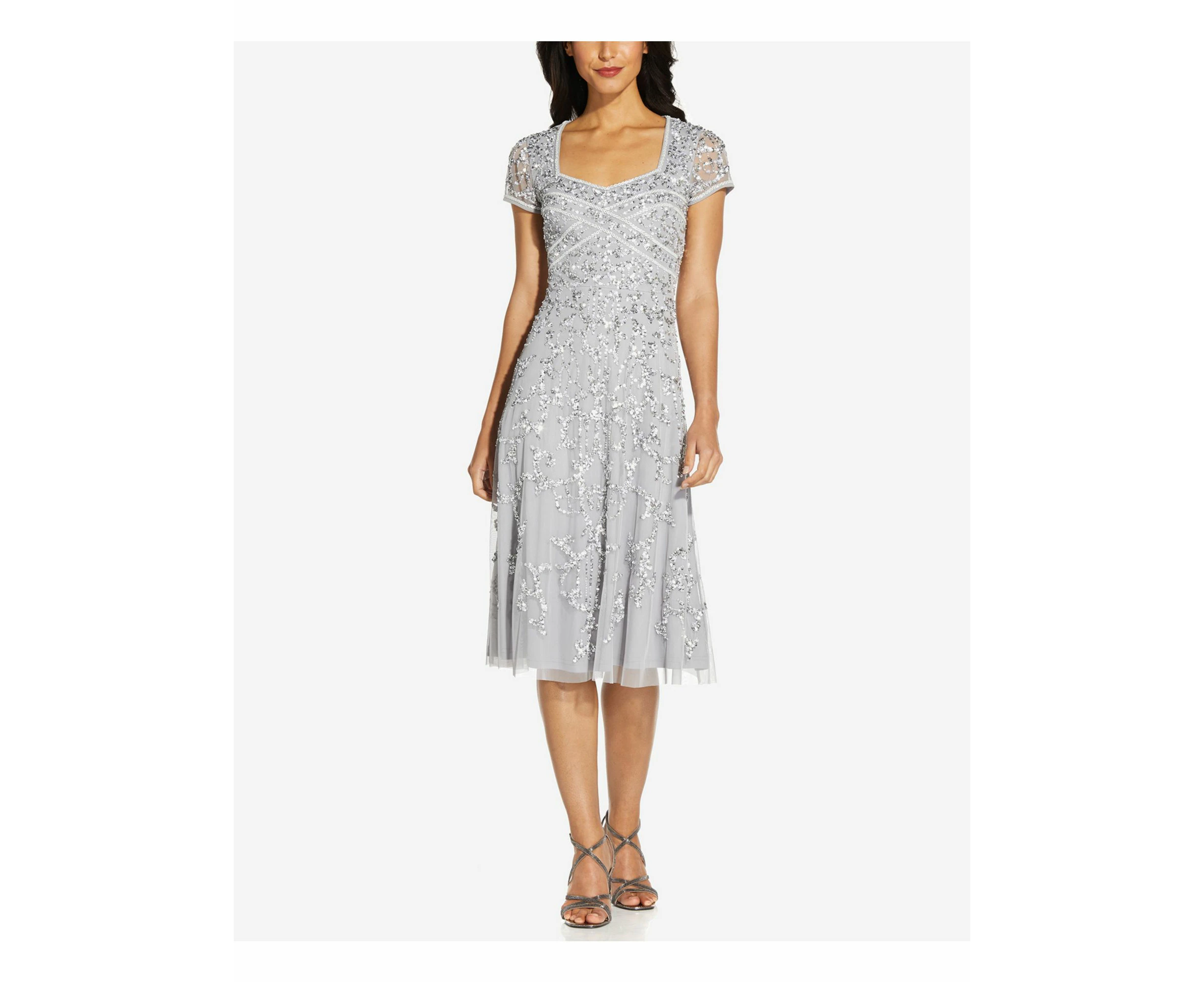 ADRIANNA PAPELL Womens Embellished Zippered Cap Sleeve Queen Anne Neckline Below The Knee Formal Fit + Flare Dress