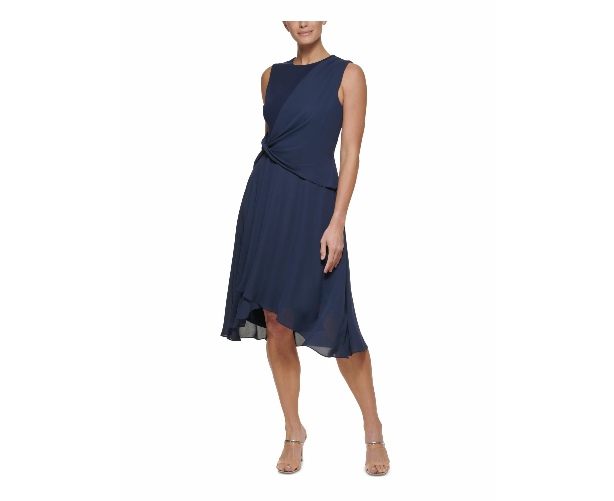 DKNY Womens Navy Zippered Twist Front Draped Lined Hi Lo Hem Overlay Sleeveless Round Neck Below The Knee Fit + Flare Dress 12