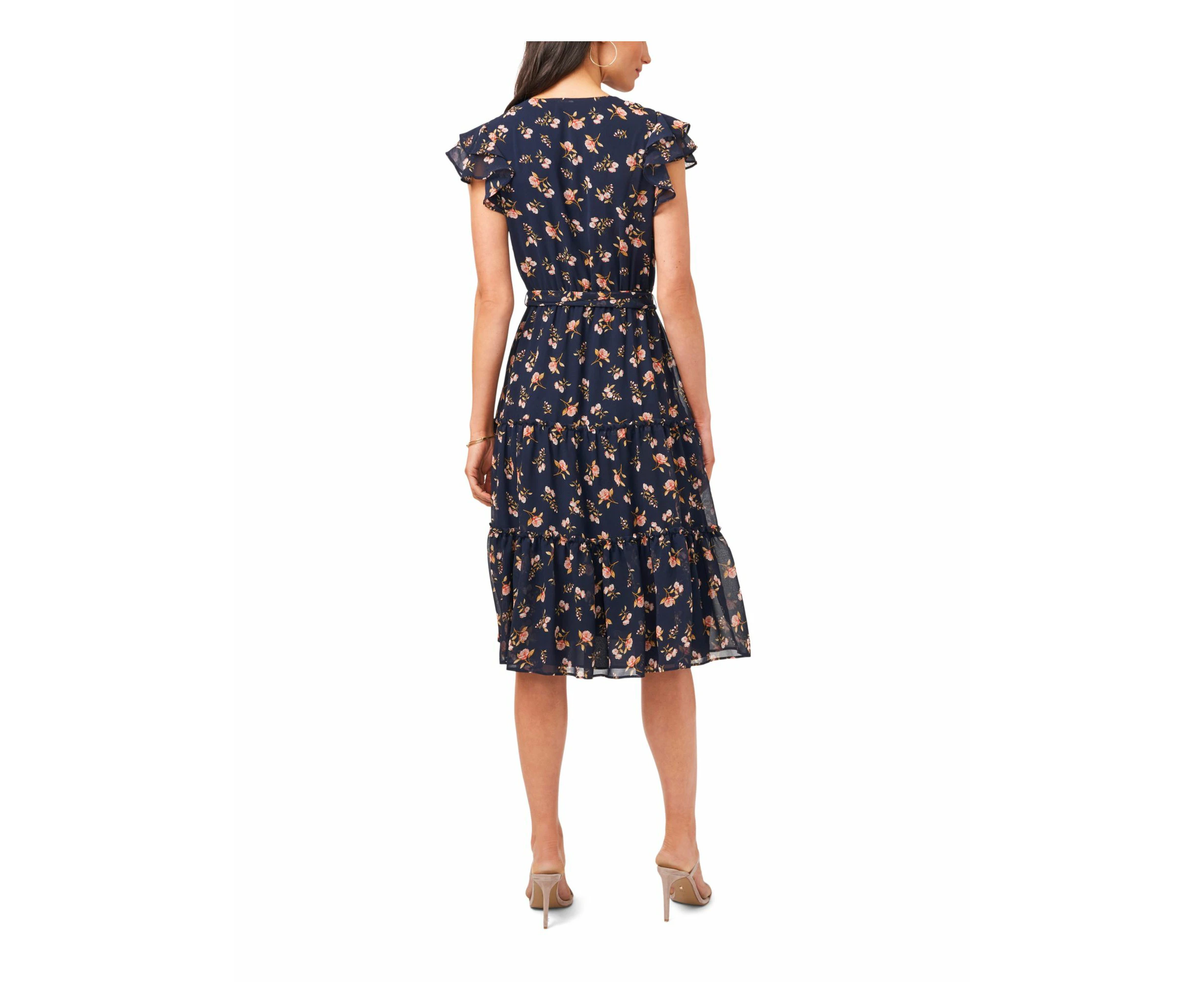 1. STATE Womens Navy Belted Floral Flutter Sleeve V Neck Below The Knee Cocktail Fit + Flare Dress S