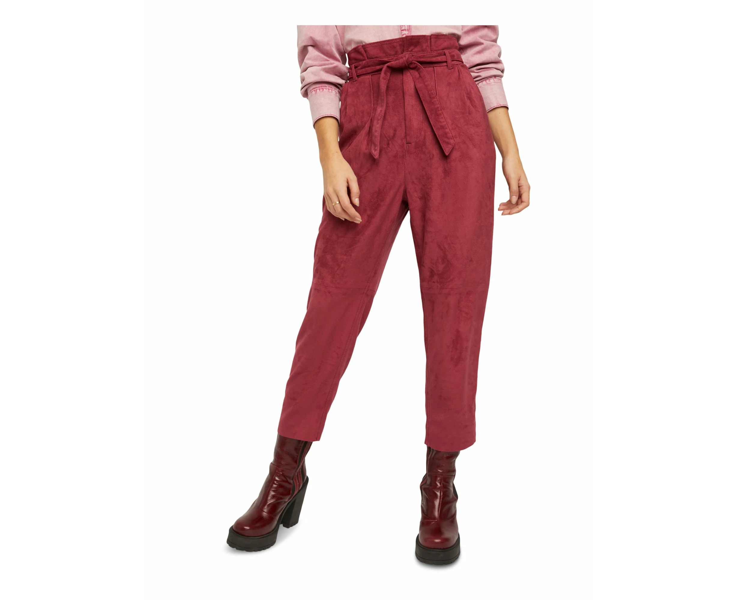 FREE PEOPLE Womens Burgundy Faux Suede Belted Cropped Pants Size: 0