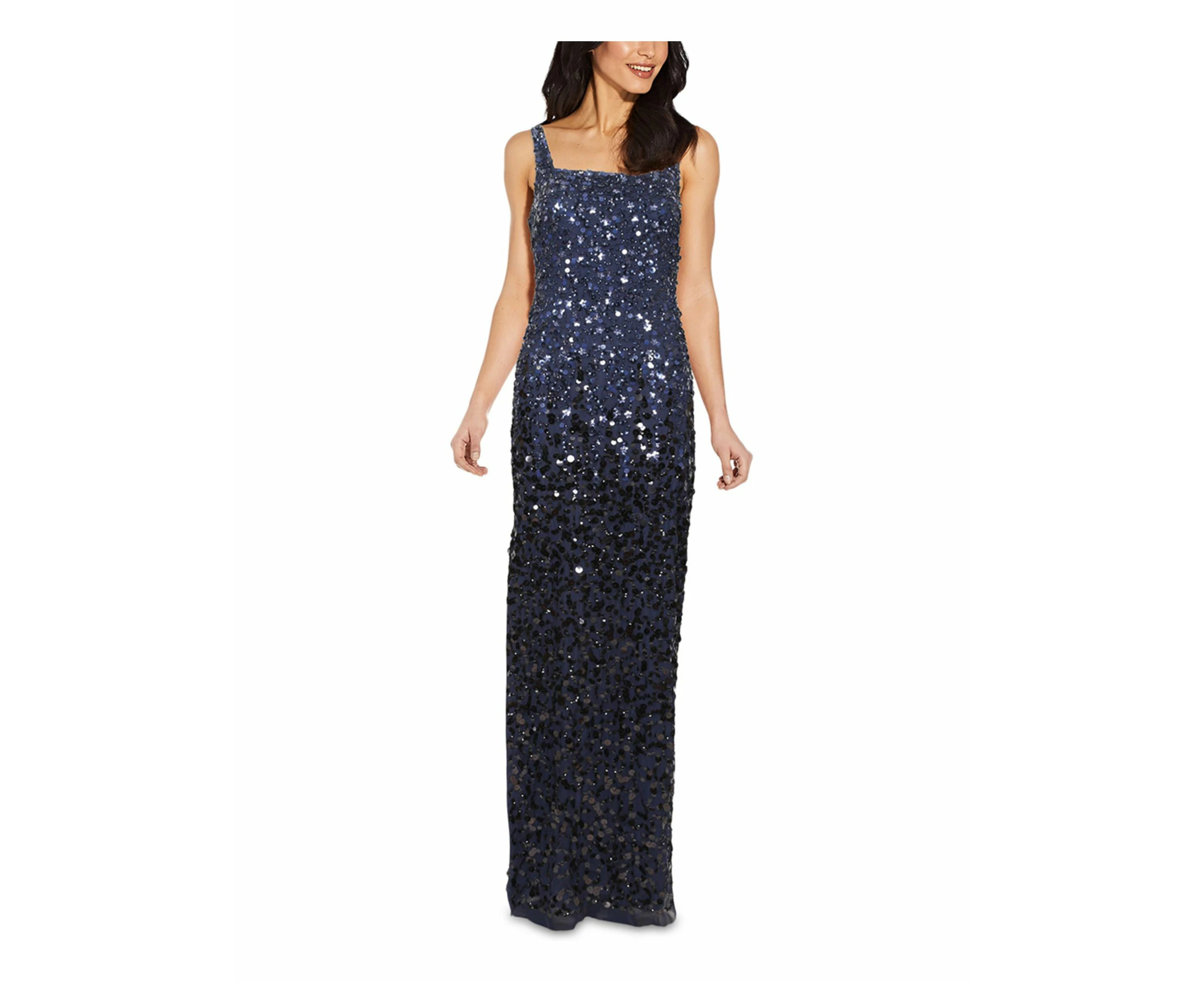ADRIANNA PAPELL Womens Navy Stretch Sequined Zippered Slitted Lined Sleeveless Square Neck Full-Length Formal Gown Dress 0