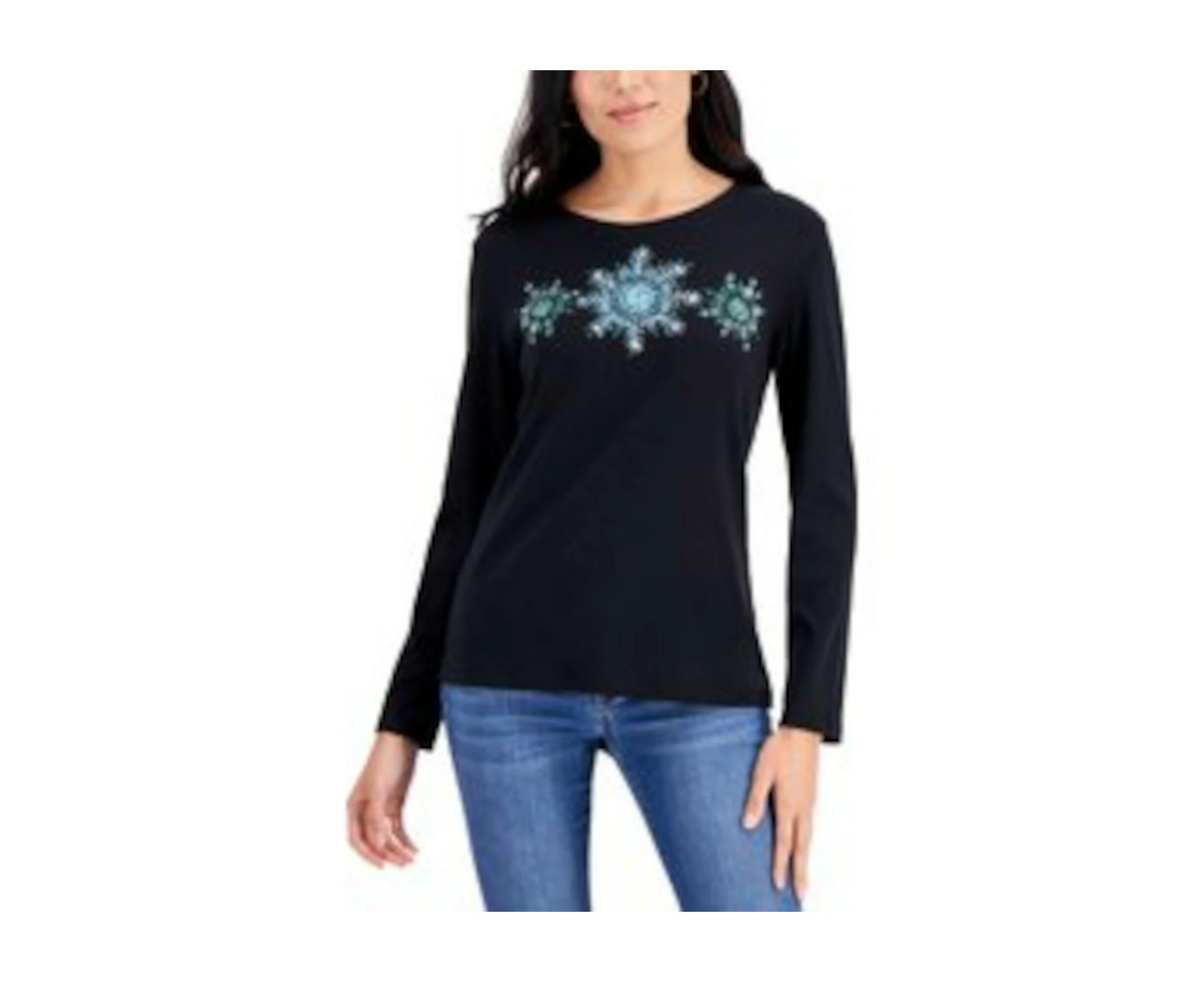 KAREN SCOTT Womens Stretch Embellished Long Sleeve Round Neck Holiday Top