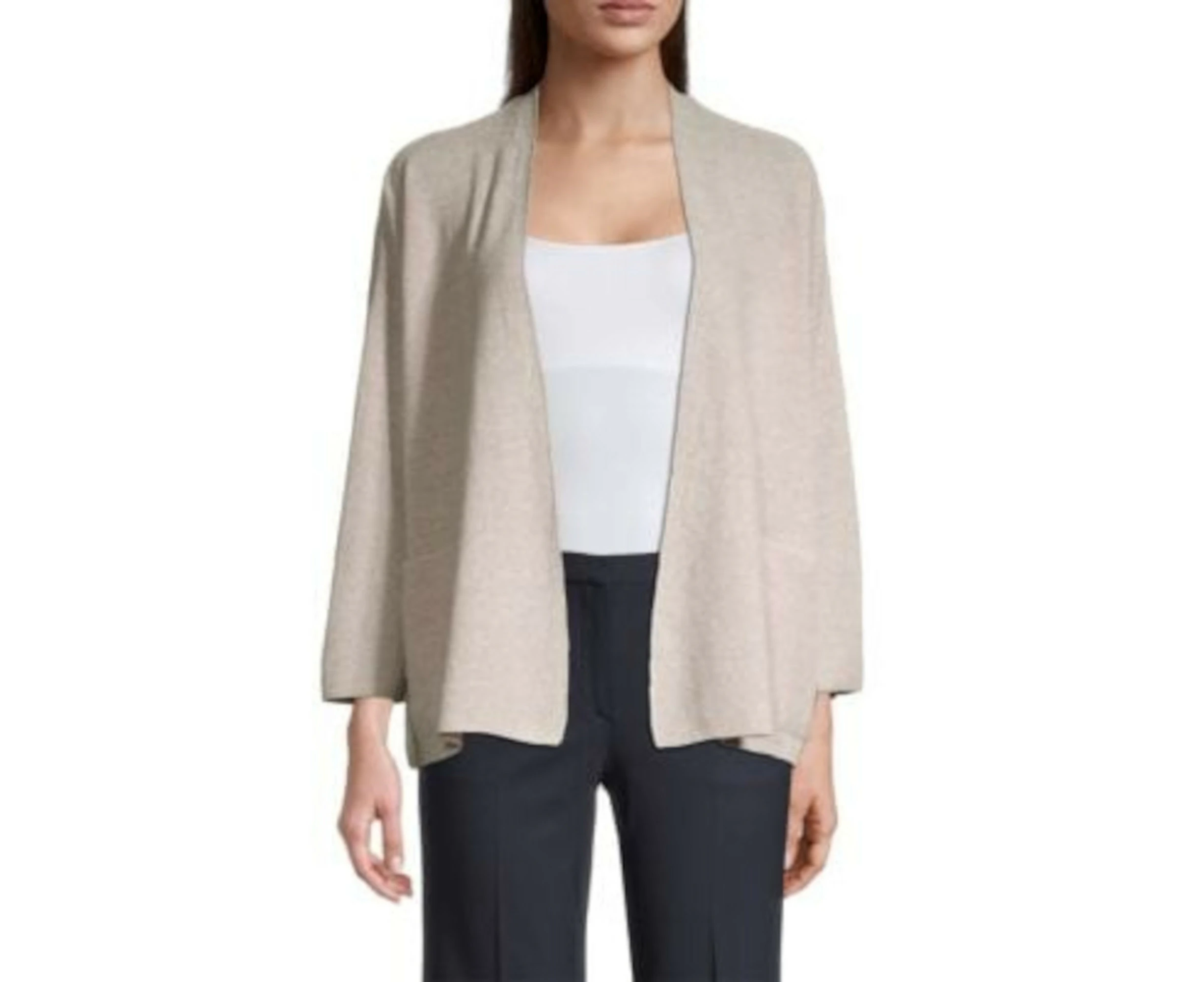 EILEEN FISHER Womens Beige Pocketed Textured Oversized Fit Cardigan 3/4 Sleeve Open Front Sweater XS