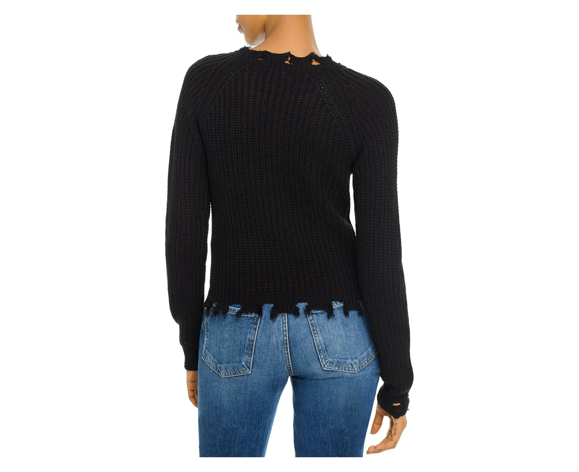 AQUA Womens Black Distressed Shaker-stitch Long Sleeve Scoop Neck Sweater S