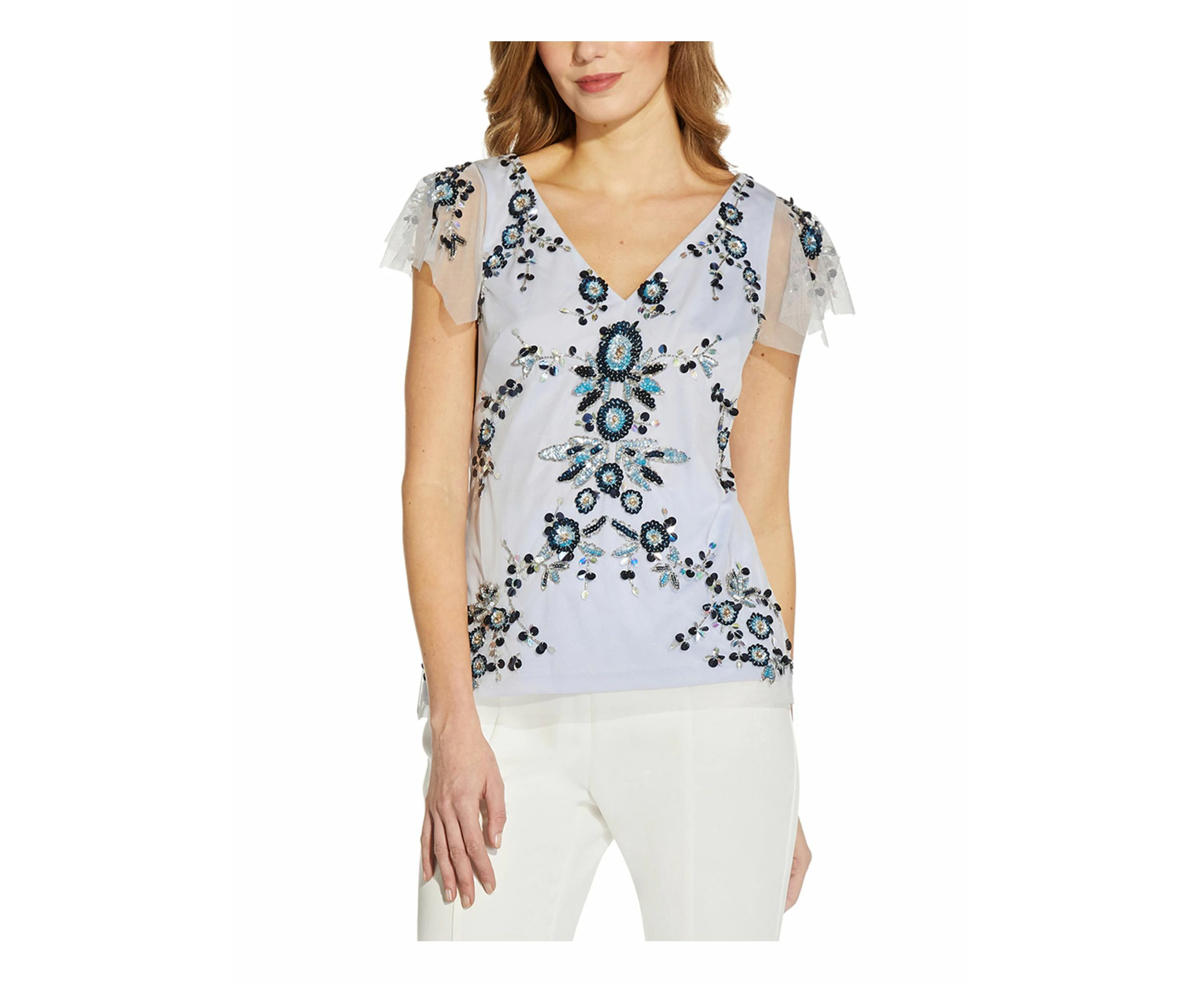 ADRIANNA PAPELL Womens Light Blue Embellished Sequined Zippered Lined Mesh Floral Flutter Sleeve V Neck Wear To Work Top 2