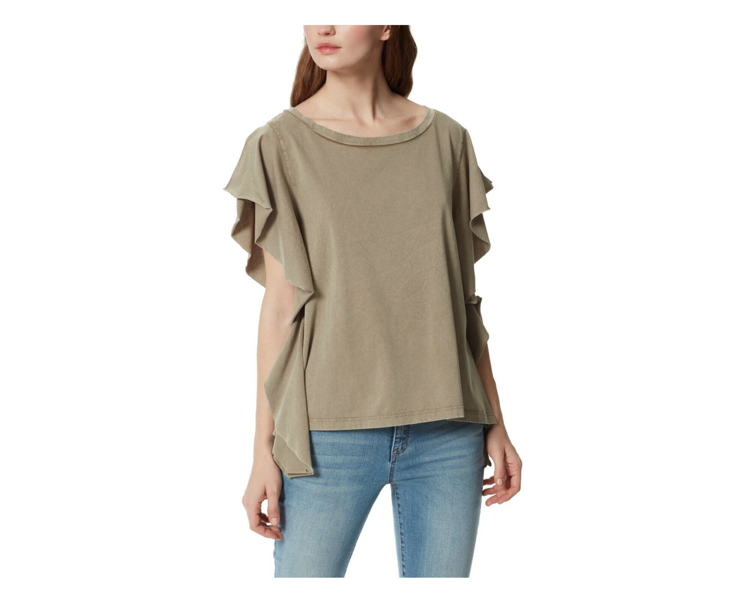 FRAYED JEANS Womens Green Flutter Sleeve Round Neck Top S