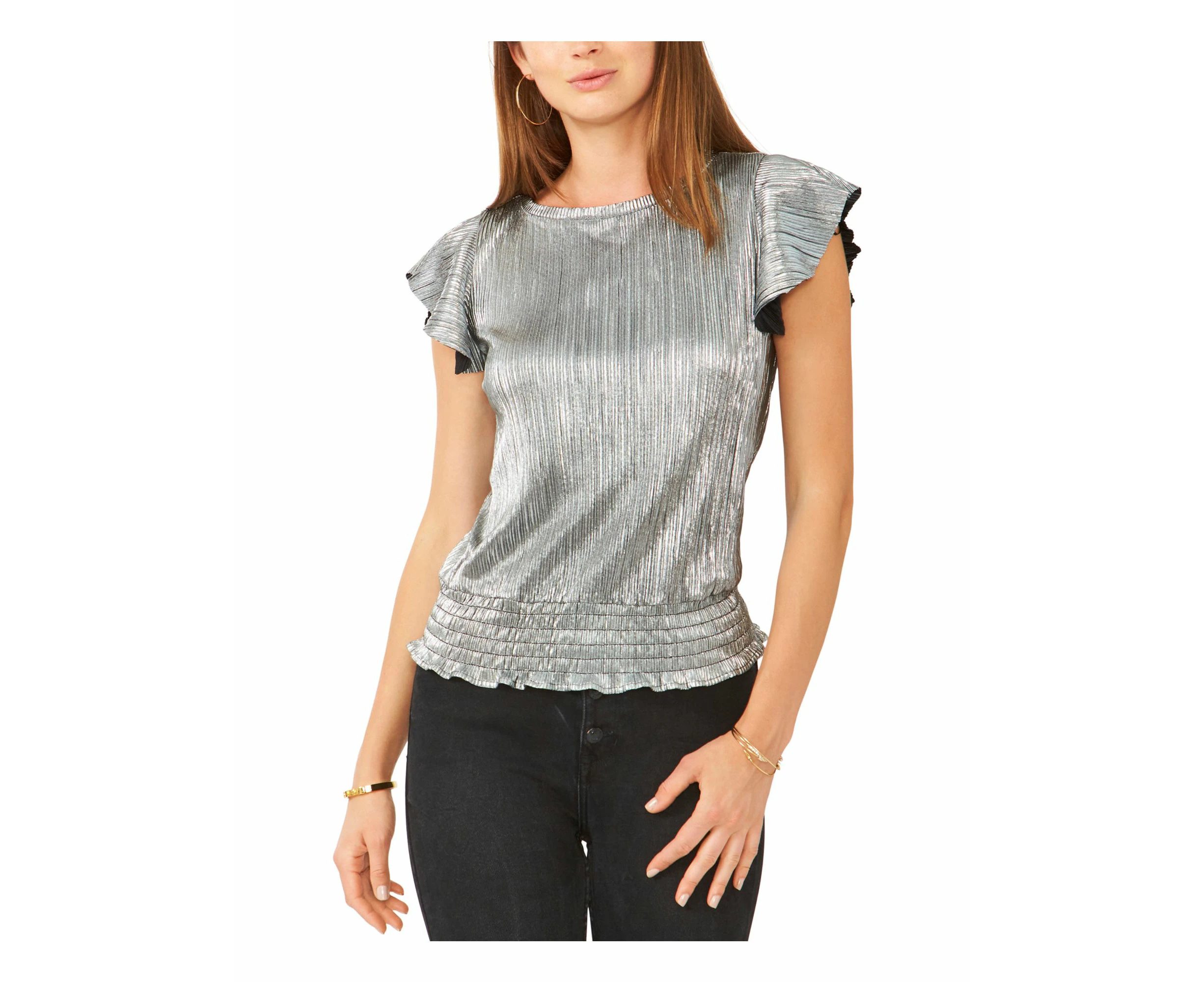 28TH & PARK Womens Silver Ribbed Metallic Smocked Hem Flutter Sleeve Jewel Neck Party Top XL