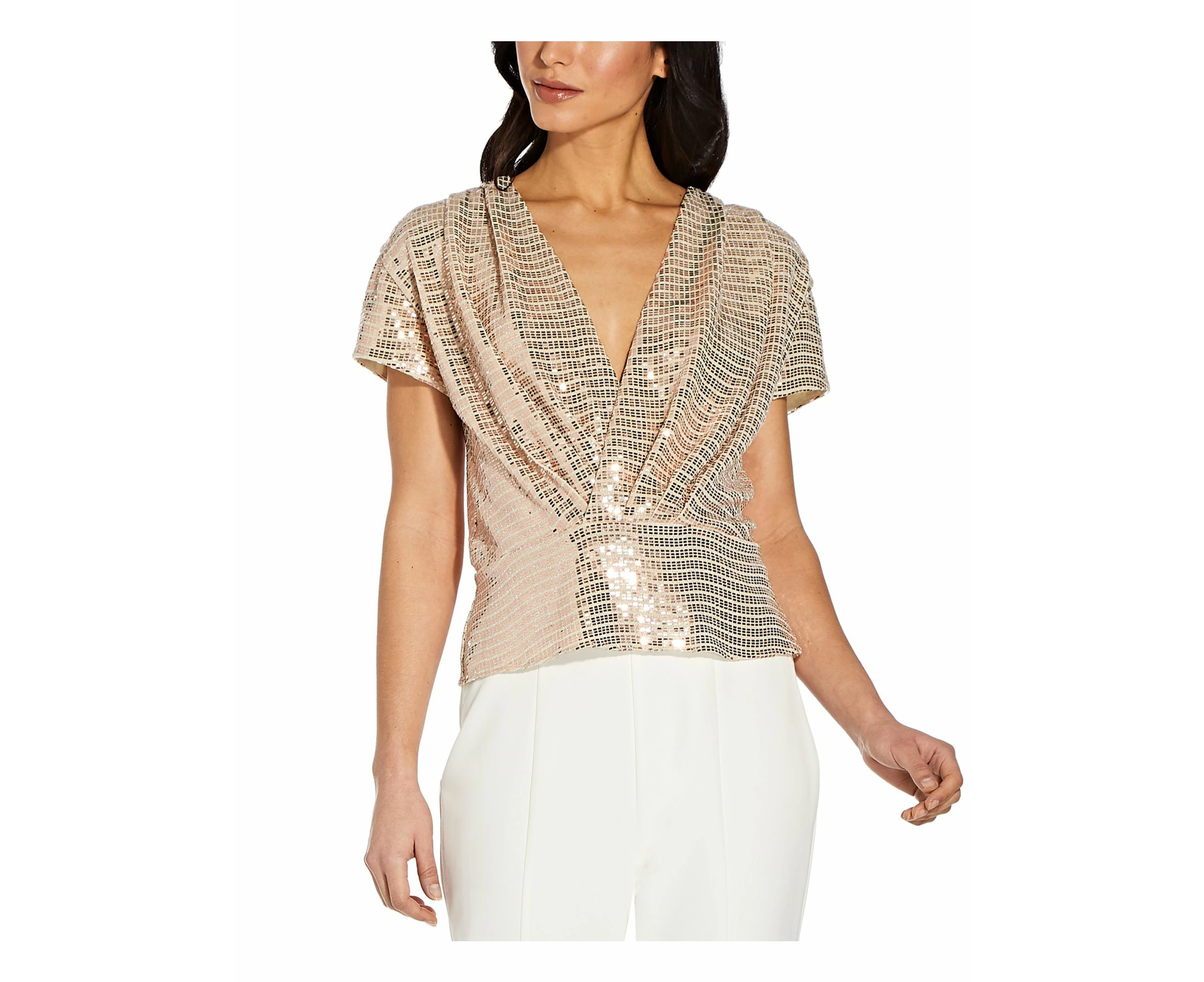 ADRIANNA PAPELL Womens Embellished Metallic Foil-knit Short Sleeve Surplice Neckline Evening Wrap Top