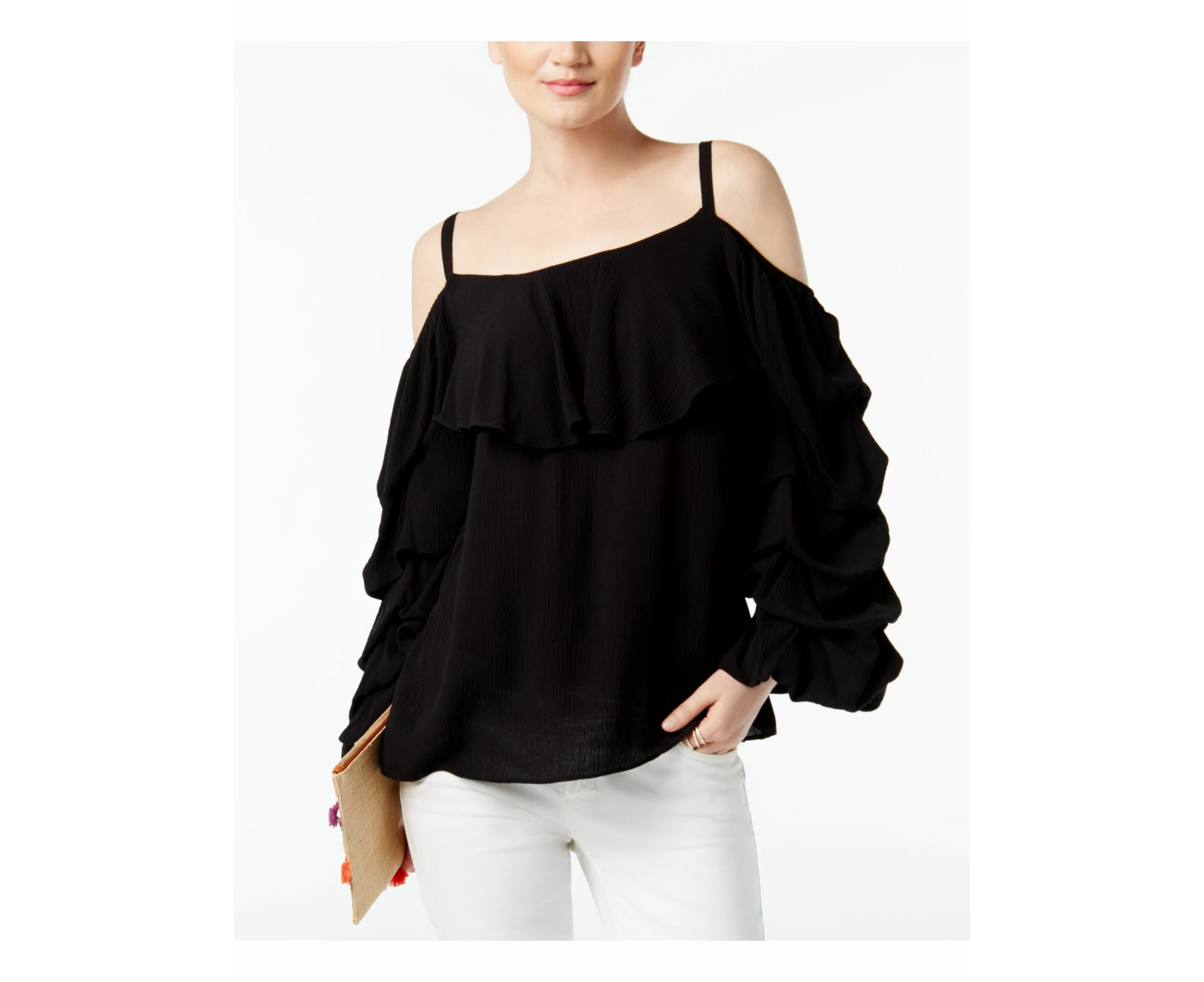 INC Womens Cold Shoulder Ruffled Pouf Square Neck Tunic Top