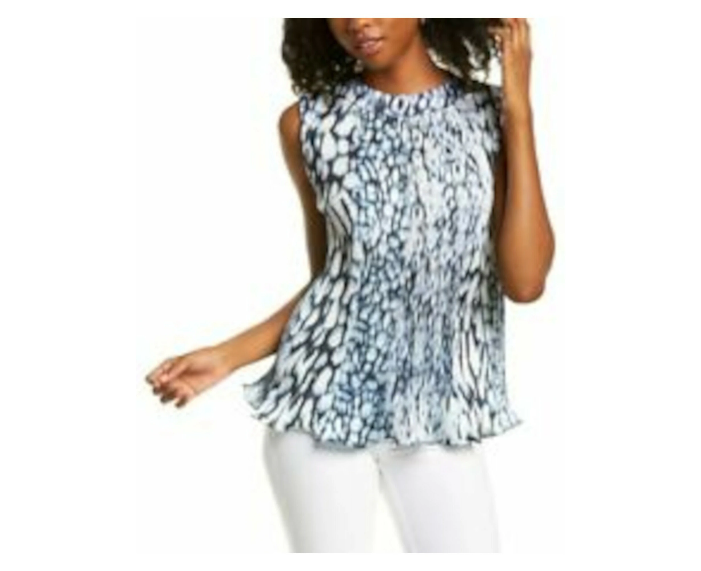 ELIE TAHARI Womens Light Blue Stretch Ruffled Textured Accordion Pleat Printed Sleeveless Mock Neck Wear To Work Top XS