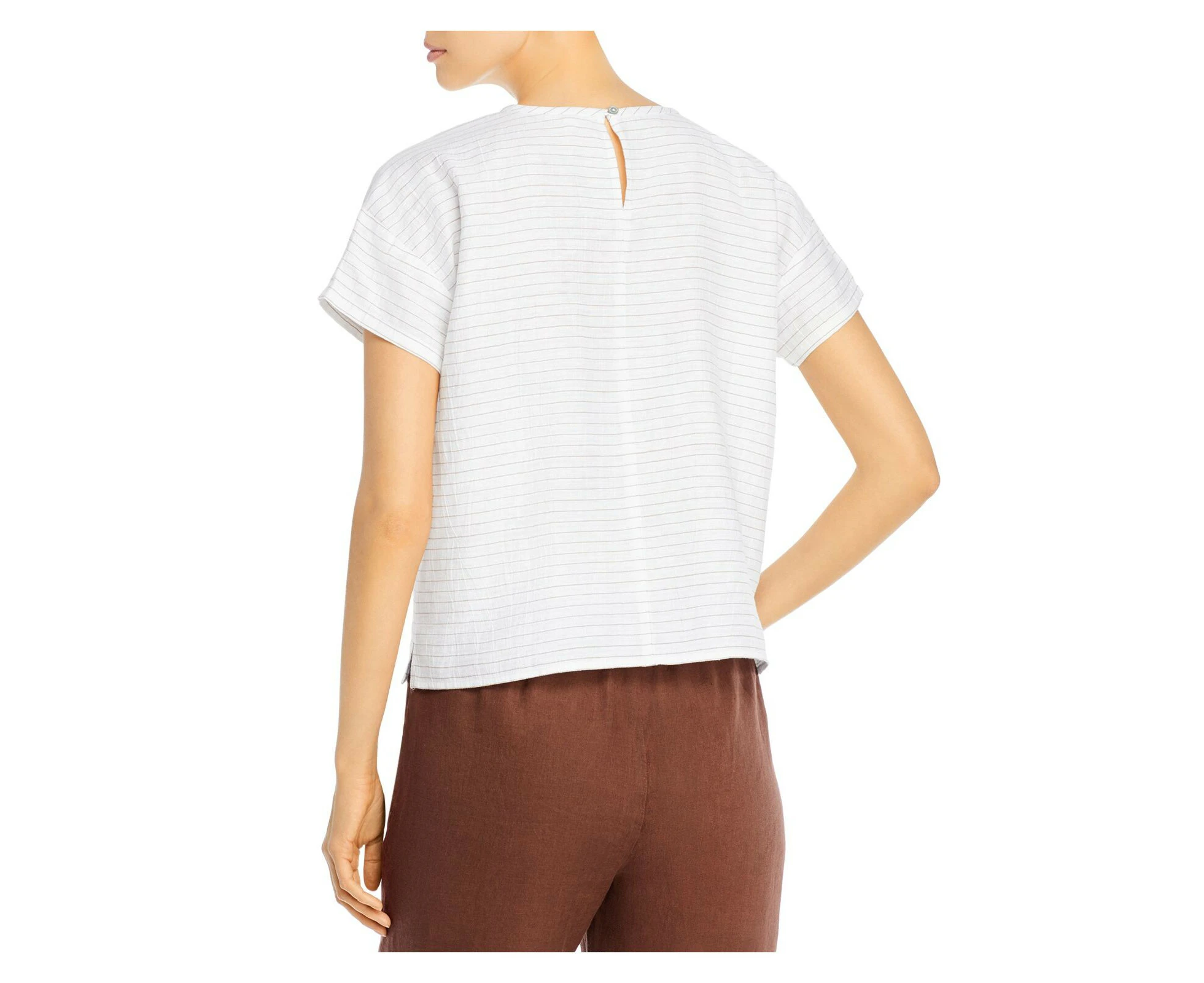 EILEEN FISHER Womens White Pinstripe Short Sleeve Crew Neck Top XXS